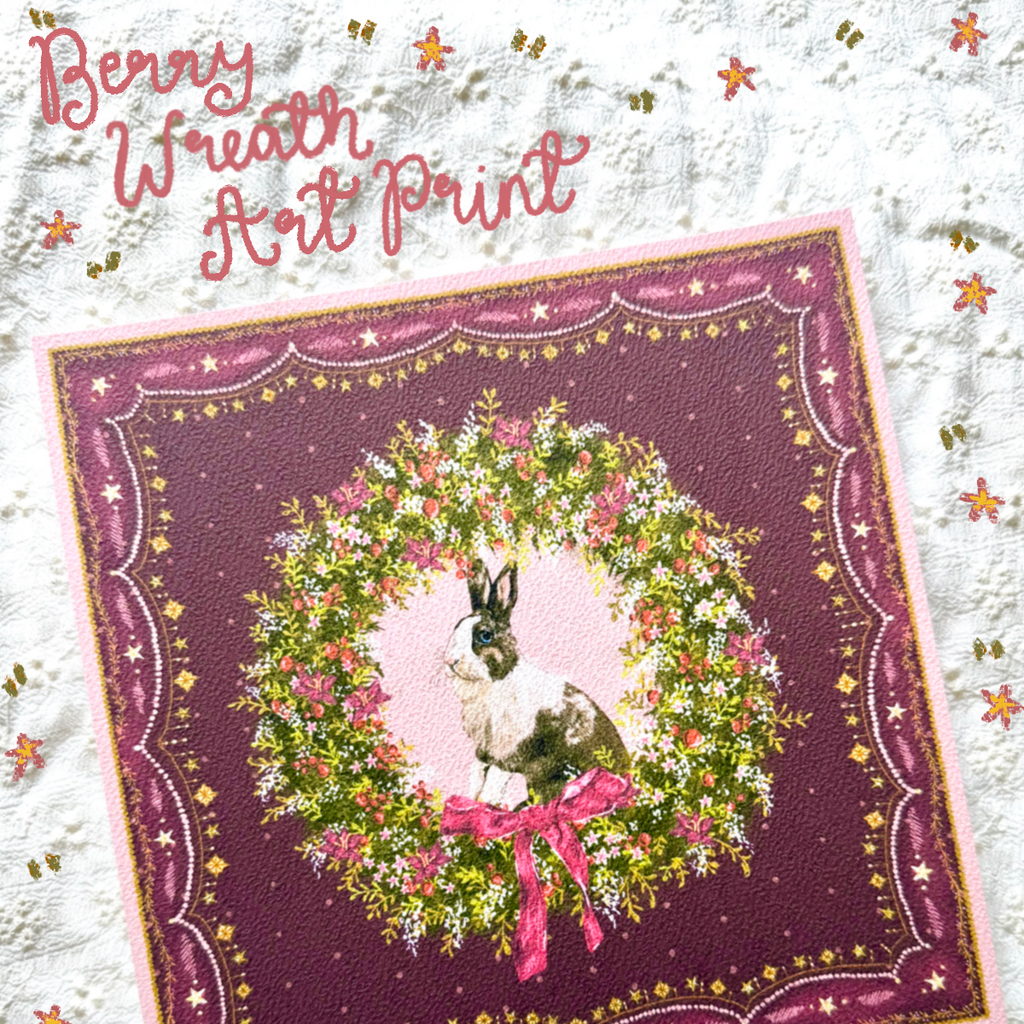 "Berry Wreath" Chocolate & White Dutch Rabbit Christmas Art Print