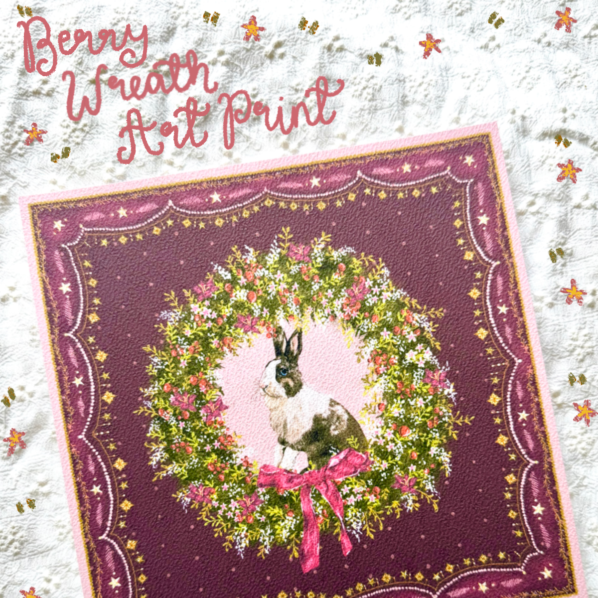 "Berry Wreath" Chocolate & White Dutch Rabbit Christmas Art Print
