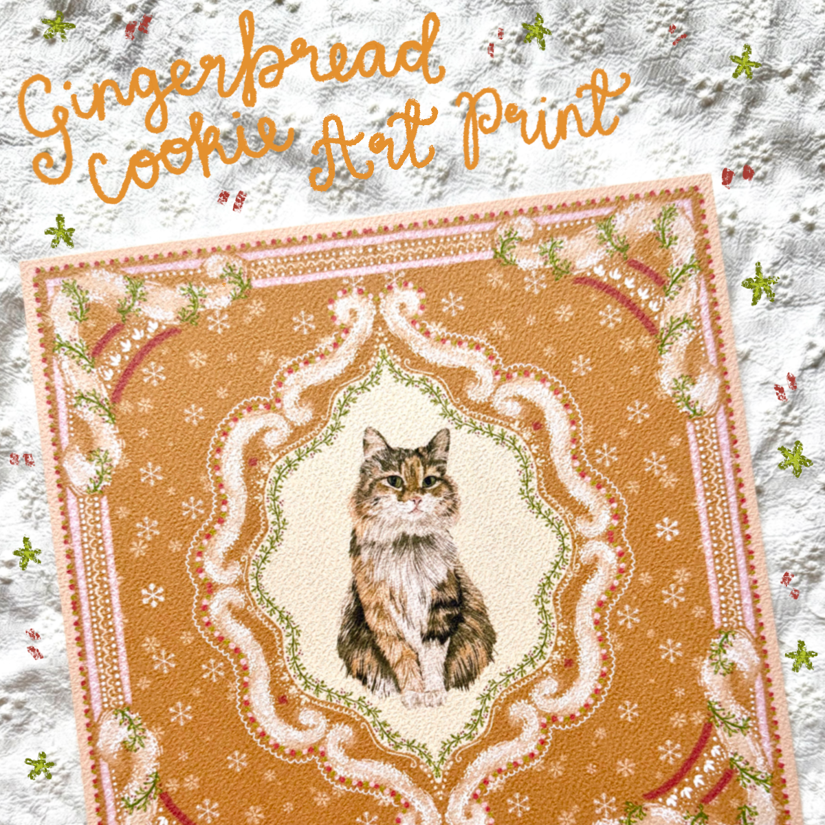 "Gingerbread Cookie" Brown Tabby & White Domestic Long-Haired Cat Christmas Art Print