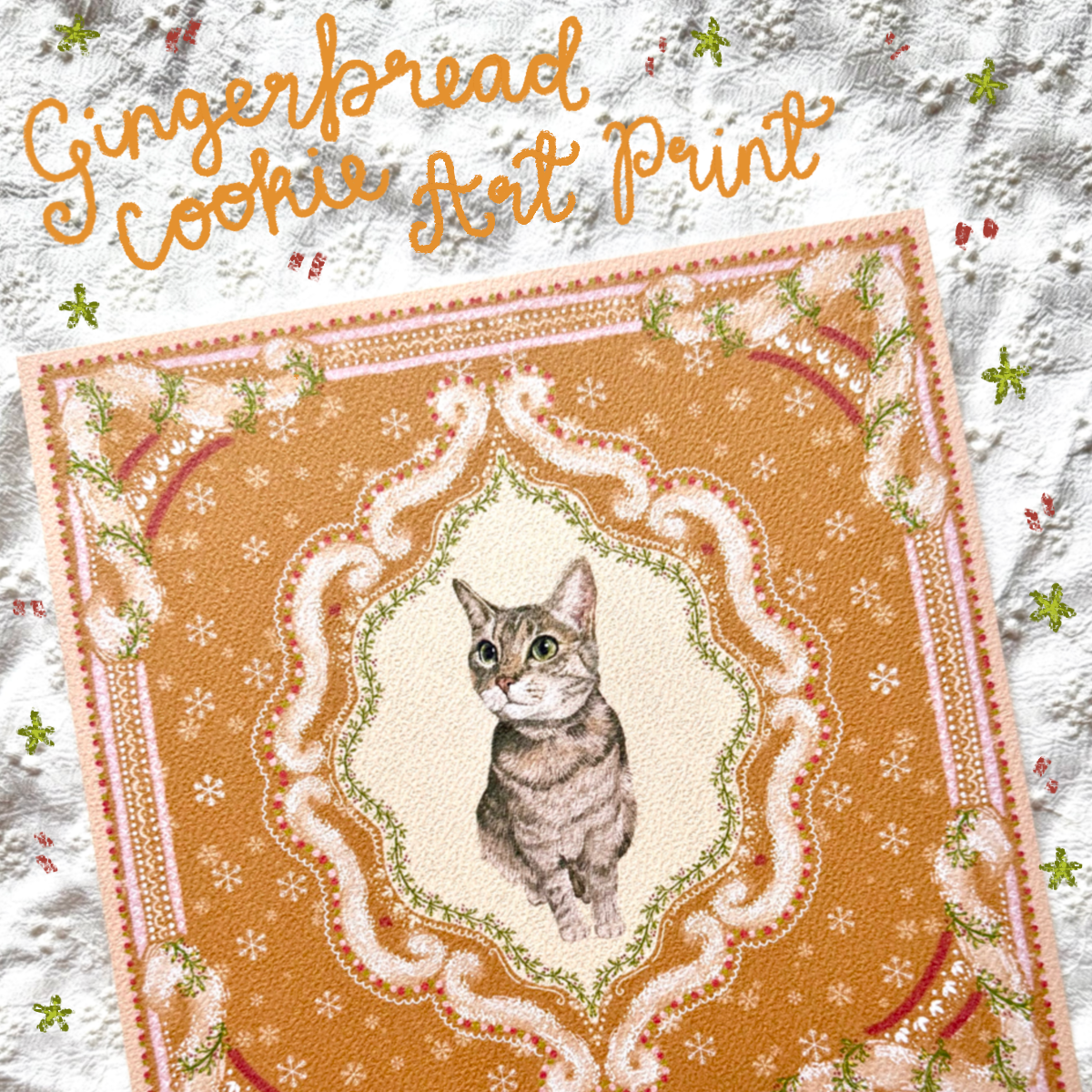 "Gingerbread Cookie" Brown Tabby Domestic Shorthair Cat #2 Christmas Art Print