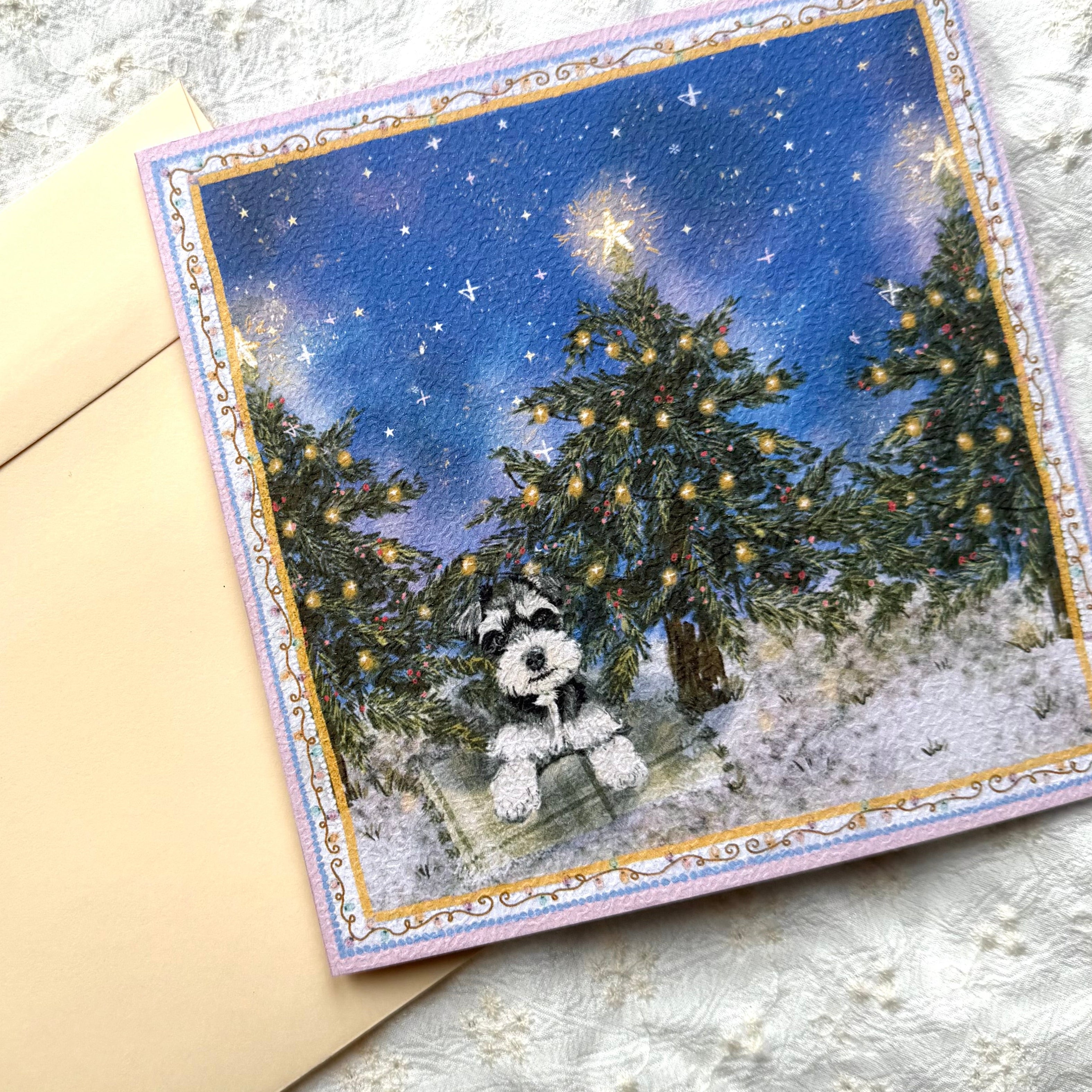 "Starlit Pines" Miniature Salt & Pepper Schnauzer Christmas Greeting Card