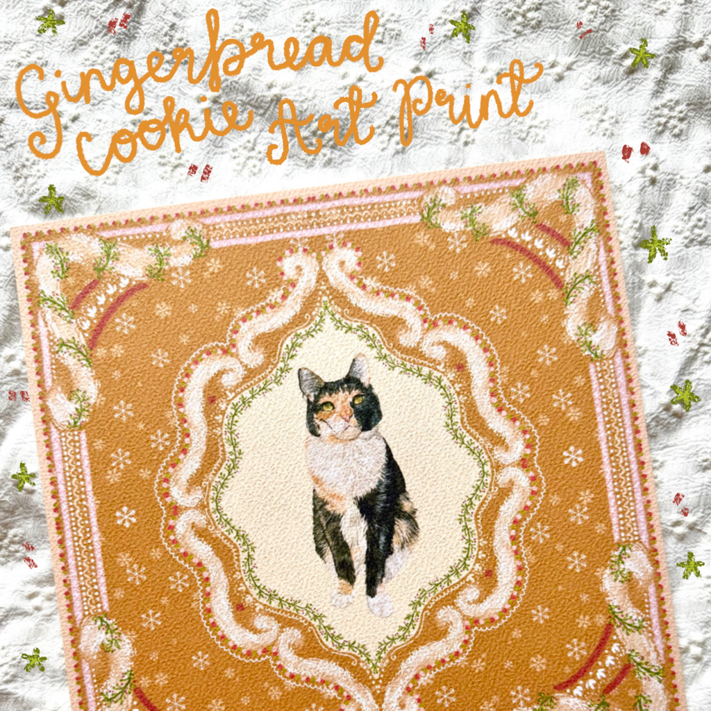 "Gingerbread Cookie" Black, White & Orange Calico Domestic Shorthair Cat #2 Christmas Art Print