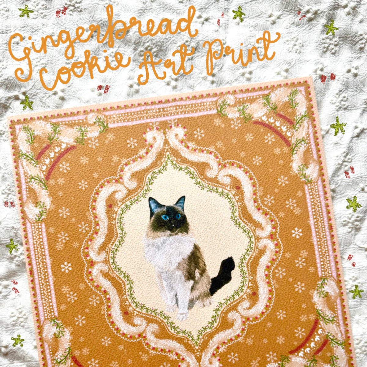 "Gingerbread Cookie" Seal Point Mitted Ragdoll Christmas Art Print