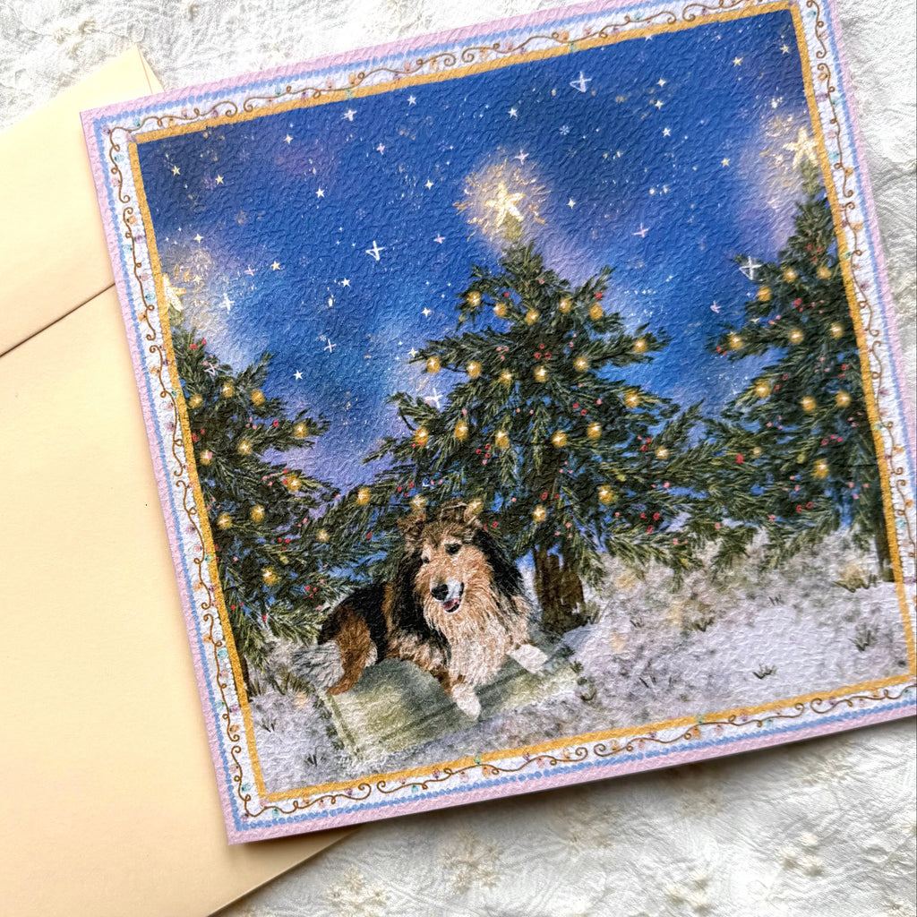 "Starlit Pines" Sable & White Rough Collie Christmas Greeting Card
