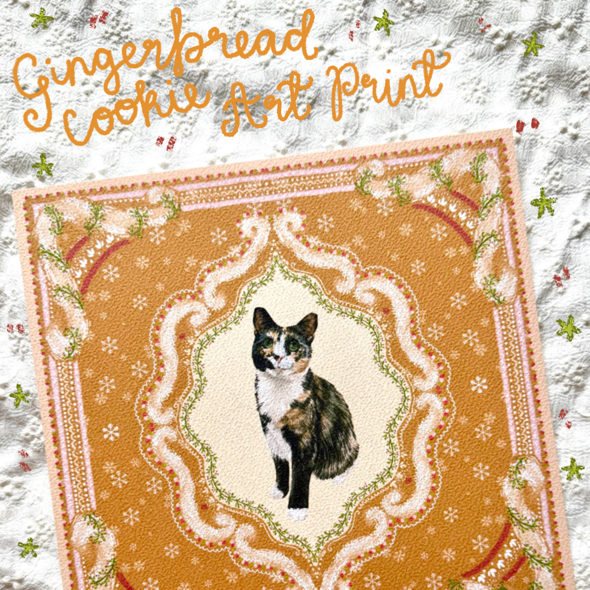 "Gingerbread Cookie" Black, White & Orange Calico Domestic Shorthair Cat Christmas Art Print