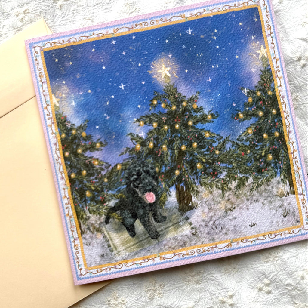 "Starlit Pines" Black Labradoodle Christmas Greeting Card