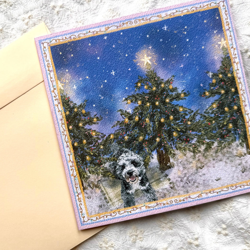 "Starlit Pines" Blue Merle Cockapoo Christmas Greeting Card