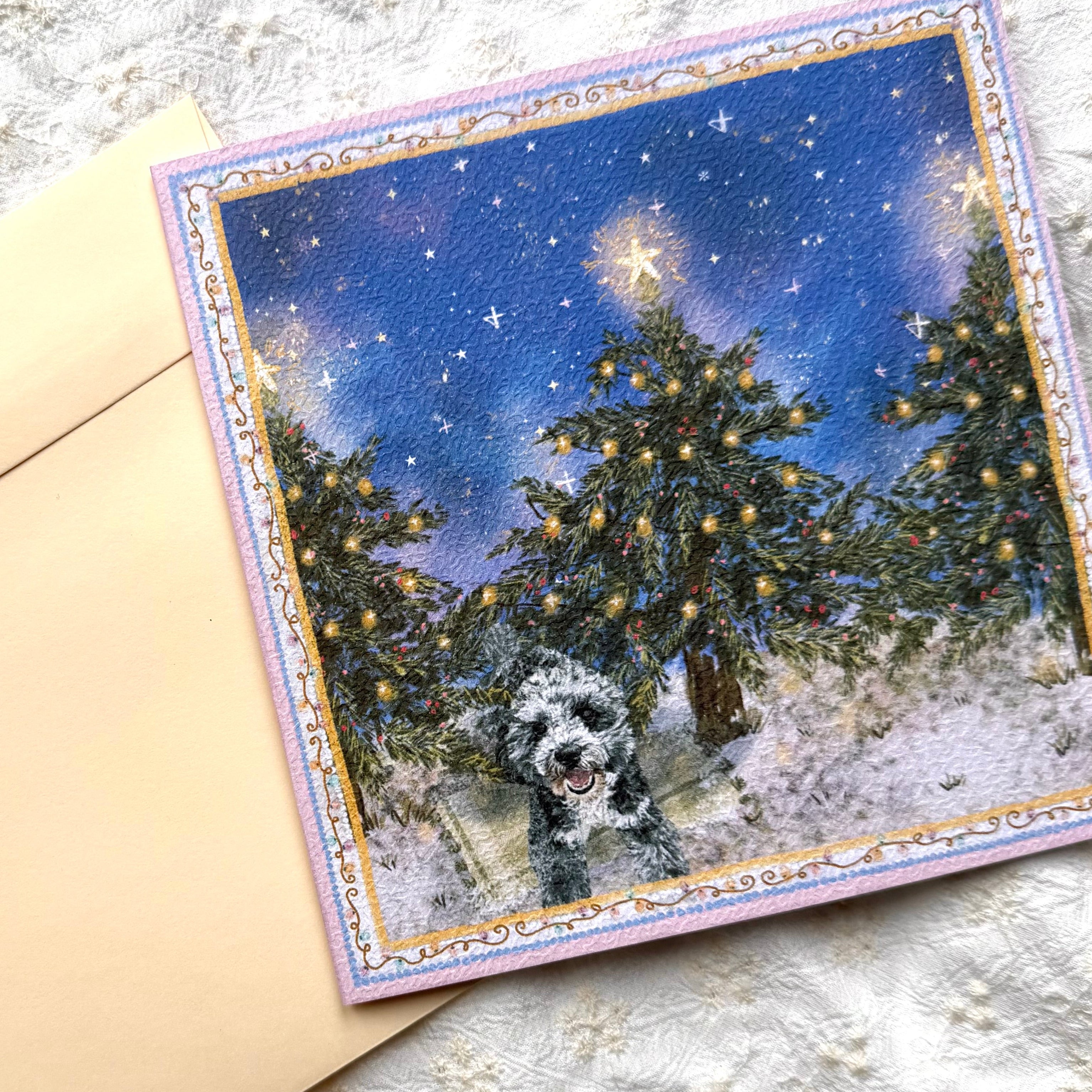 "Starlit Pines" Blue Merle Cockapoo Christmas Greeting Card