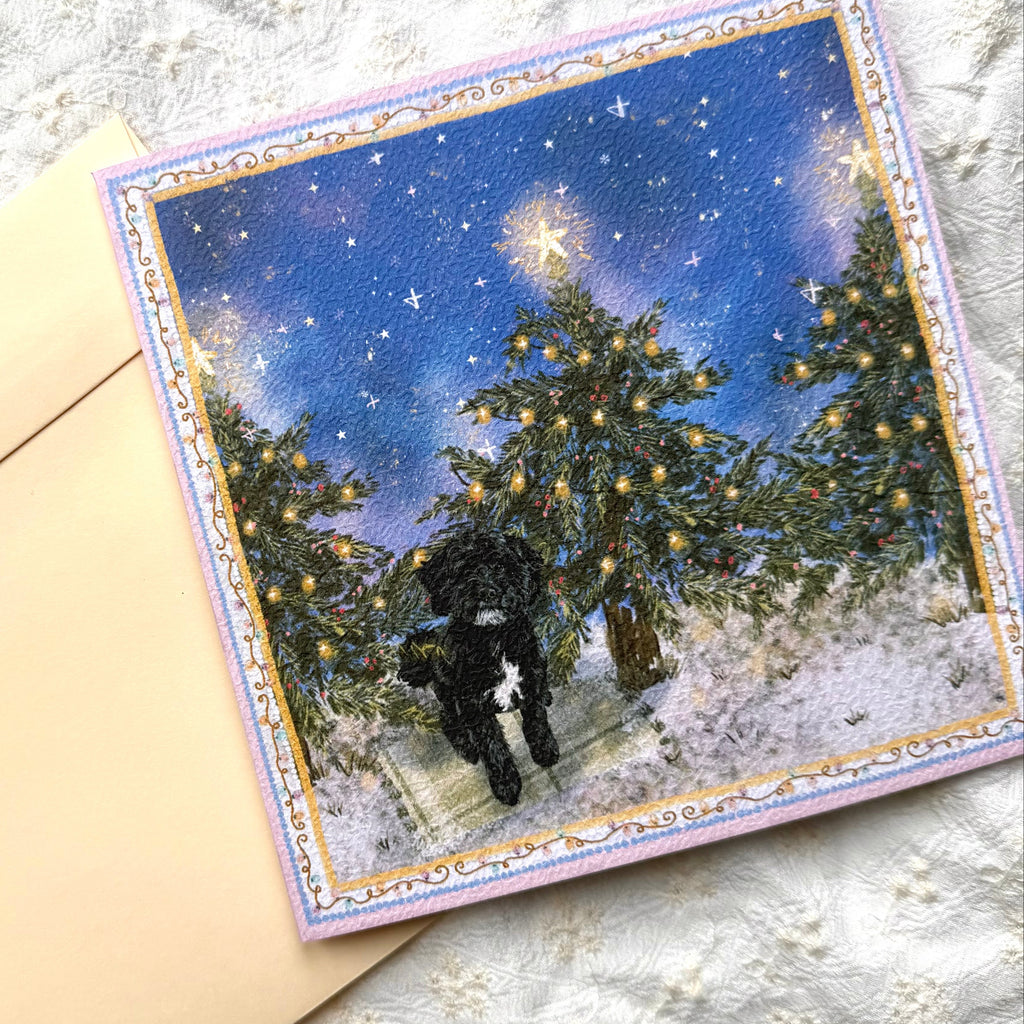 "Starlit Pines" Black & White Shih-Poo (Shih Tzu x Poodle Mix) Christmas Greeting Card