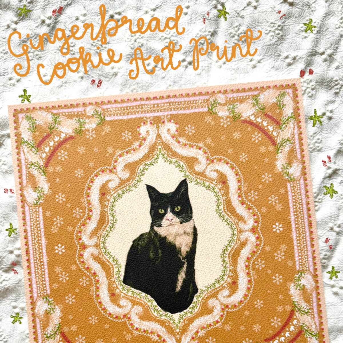 "Gingerbread Cookie" Black & White Tuxedo Domestic Shorthair Cat Christmas Art Print