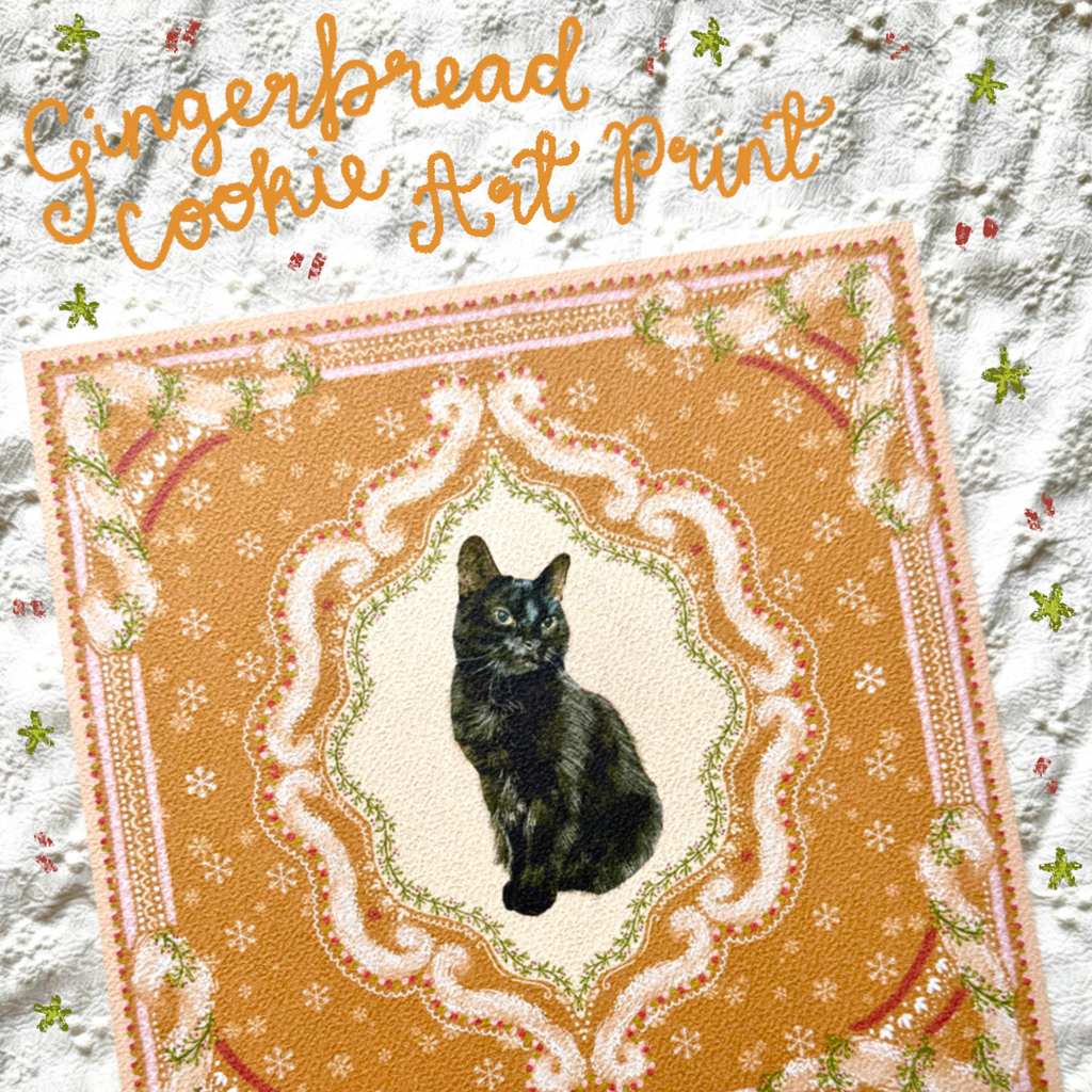 "Gingerbread Cookie" Black Domestic Shorthair Cat Christmas Art Print