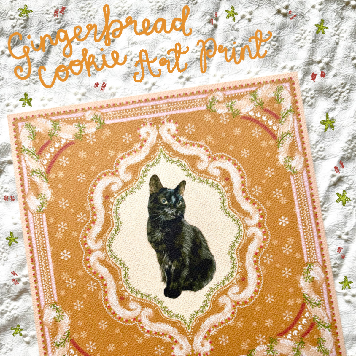 "Gingerbread Cookie" Black Domestic Shorthair Cat Christmas Art Print