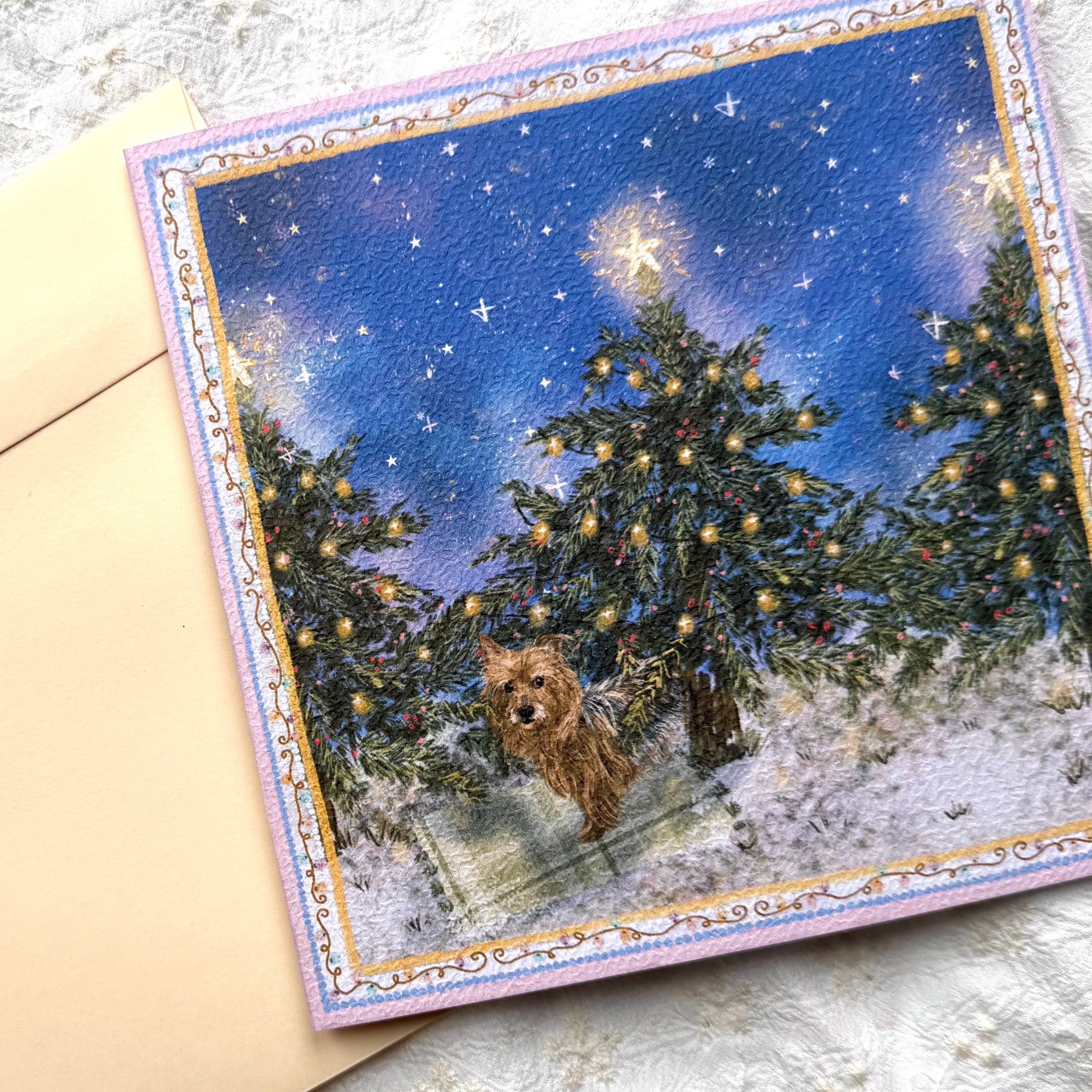 "Starlit Pines" Blue & Tan Yorkshire Terrier Christmas Greeting Card