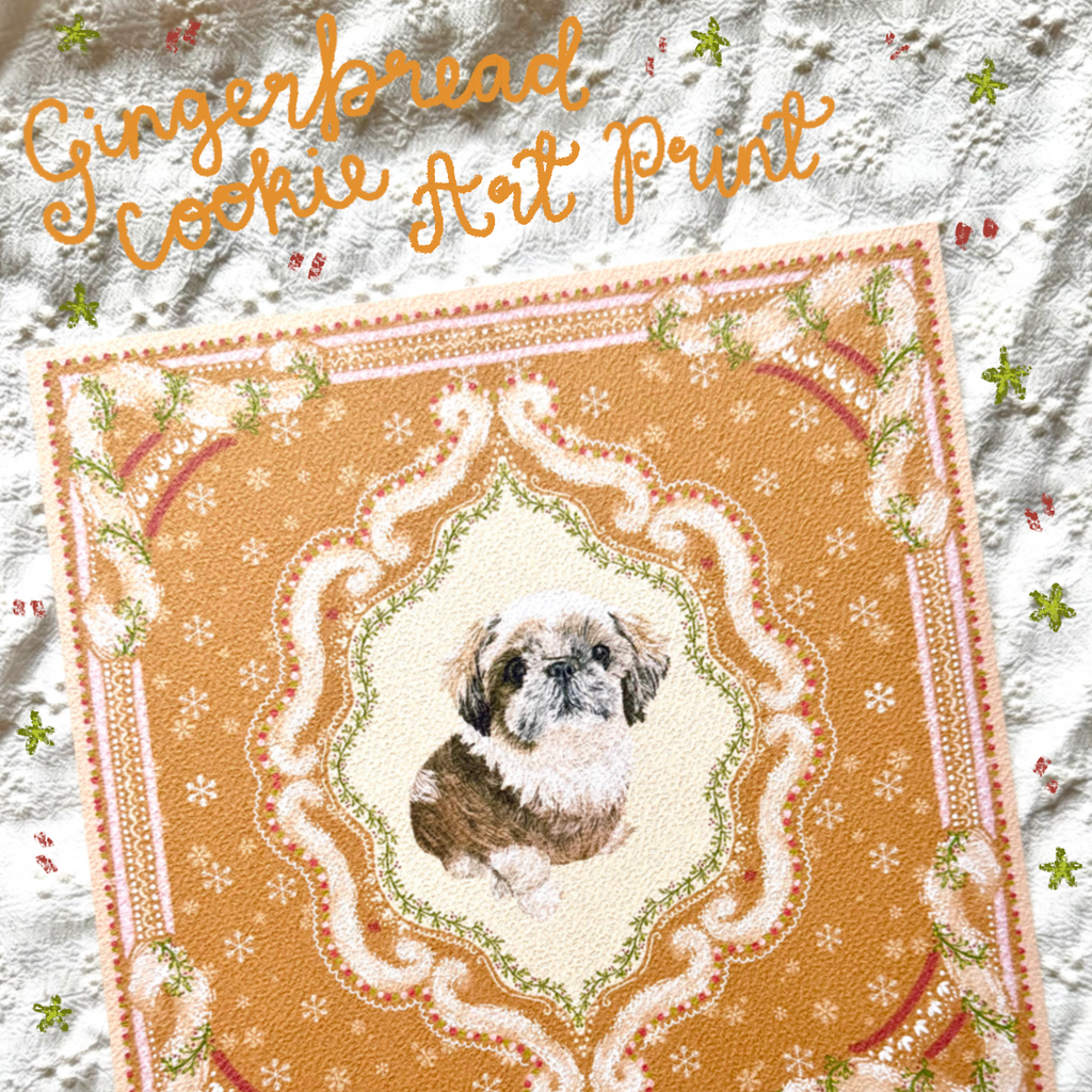 "Gingerbread Cookie" Gold & White Shih Tzu Christmas Art Print