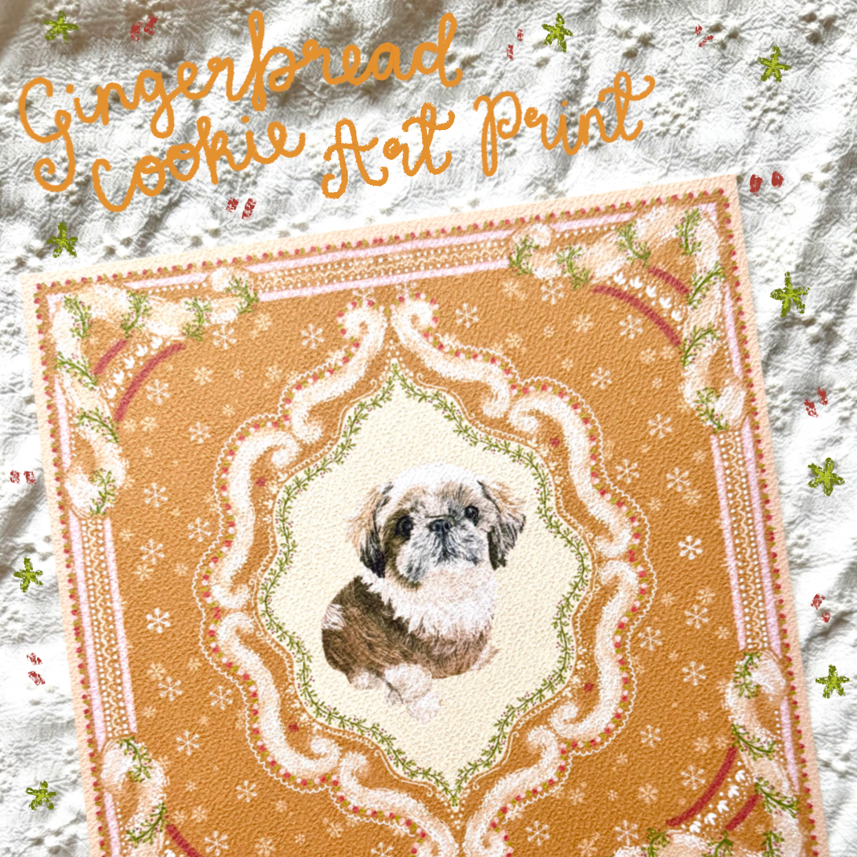 "Gingerbread Cookie" Gold & White Shih Tzu Christmas Art Print