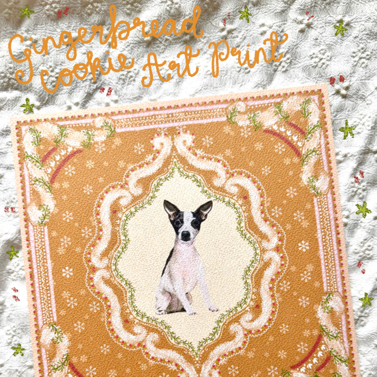 "Gingerbread Cookie" Black & White Smooth-Haired Chihuahua Christmas Art Print