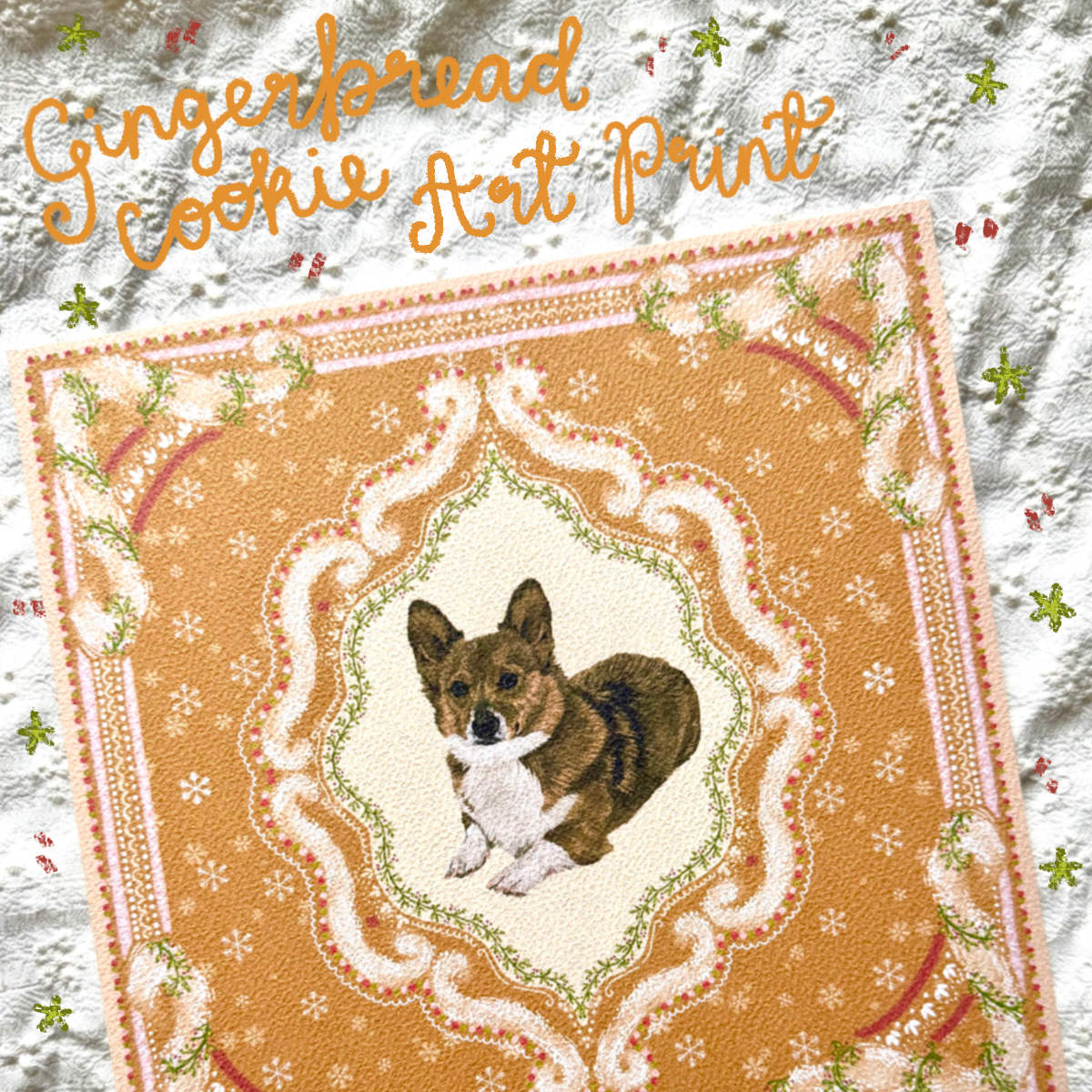 "Gingerbread Cookie" Red & White Pembroke Welsh Corgi Christmas Art Print