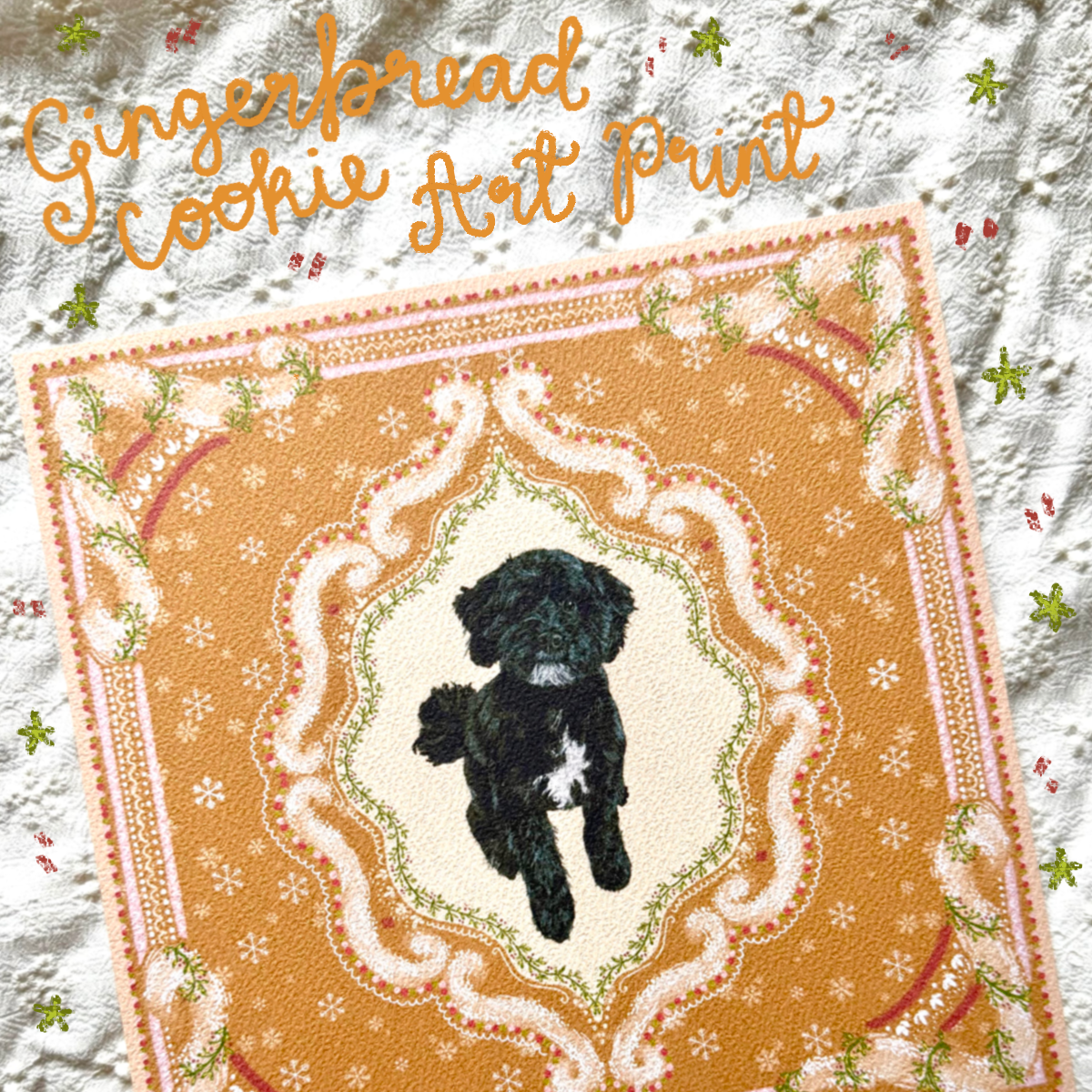 "Gingerbread Cookie" Black & White Shih-Poo (Shih Tzu x Poodle) Christmas Art Print