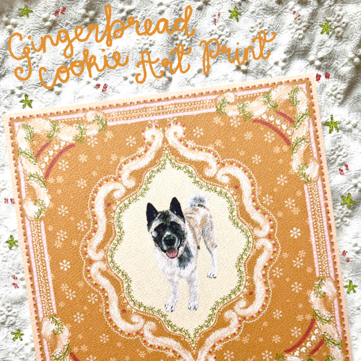 "Gingerbread Cookie" Silver & White (with Black Mask) American Akita Christmas Art Print