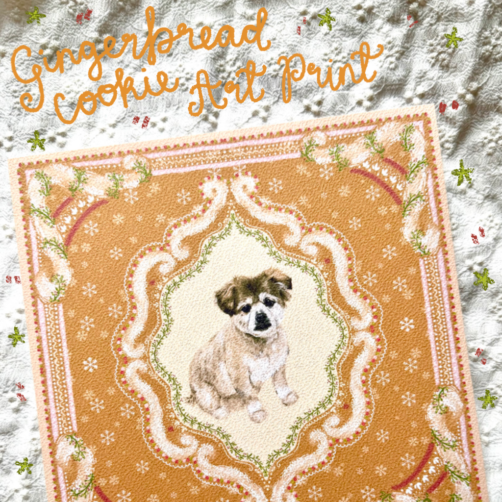"Gingerbread Cookie" Cream & Tan Shiranian (Pomeranian x Shih Tzu) Christmas Art Print