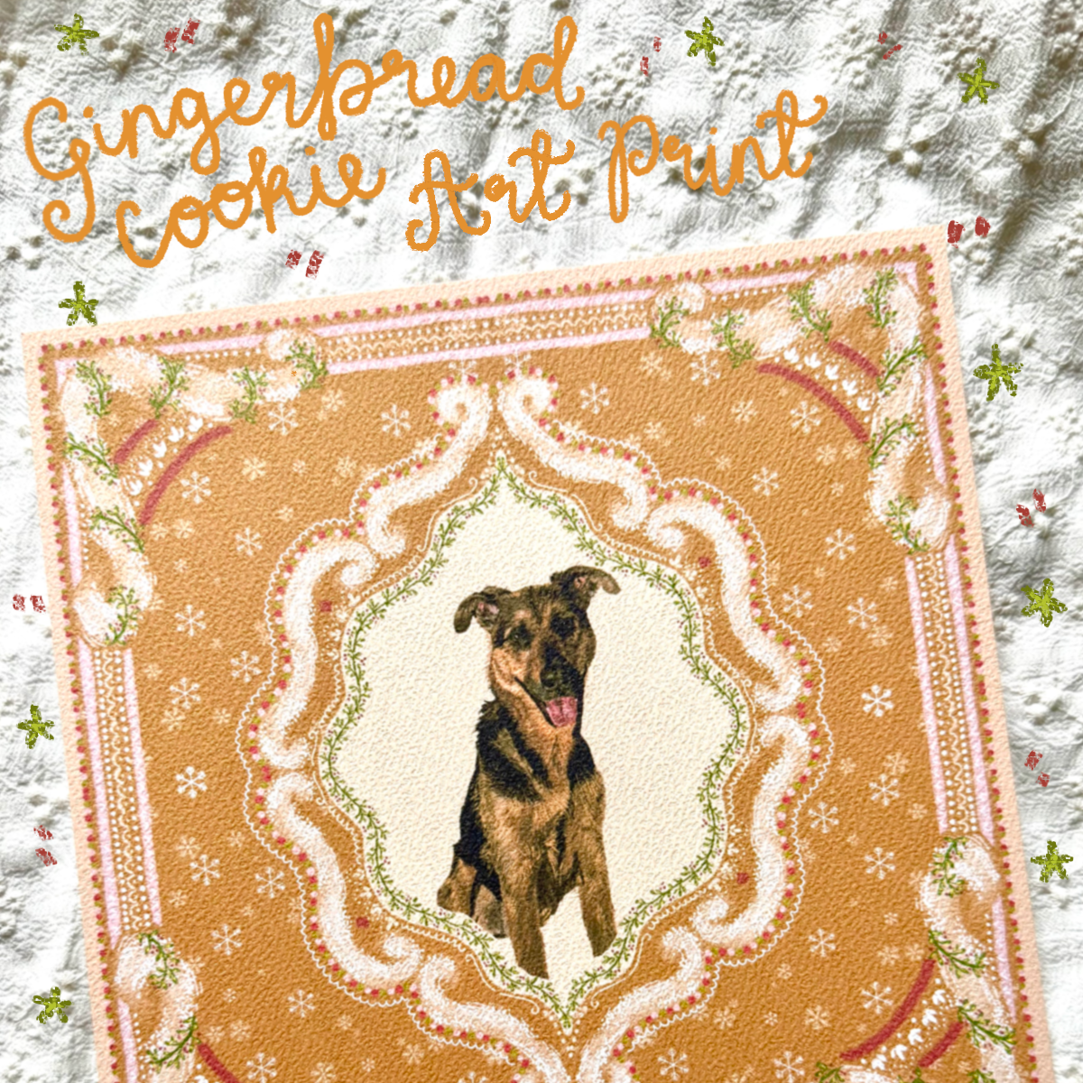 "Gingerbread Cookie" Black & Tan German Shepherd Mix Christmas Art Print