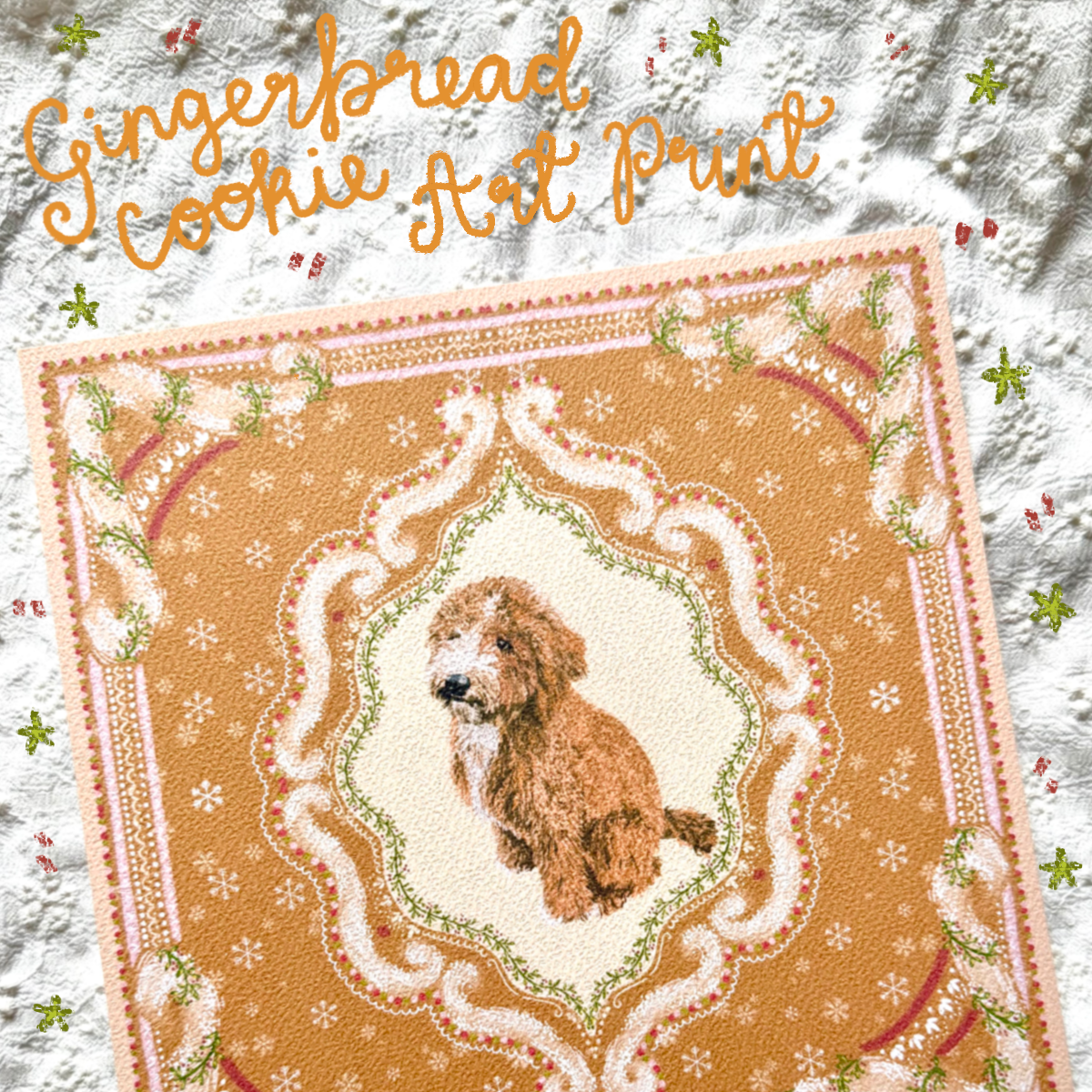 "Gingerbread Cookie" Apricot & White Goldendoodle Christmas Art Print