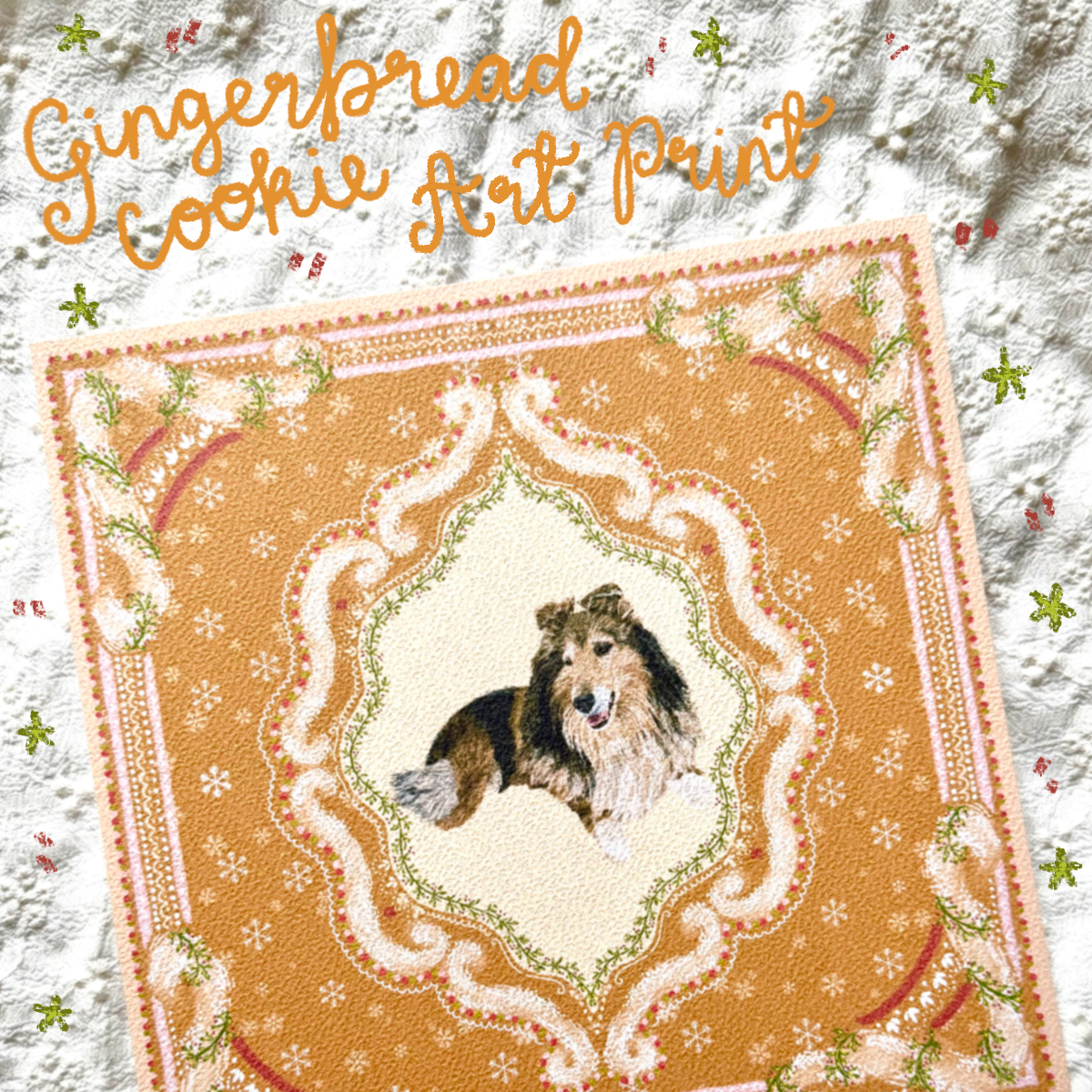 "Gingerbread Cookie" Sable & White Rough Collie Christmas Art Print