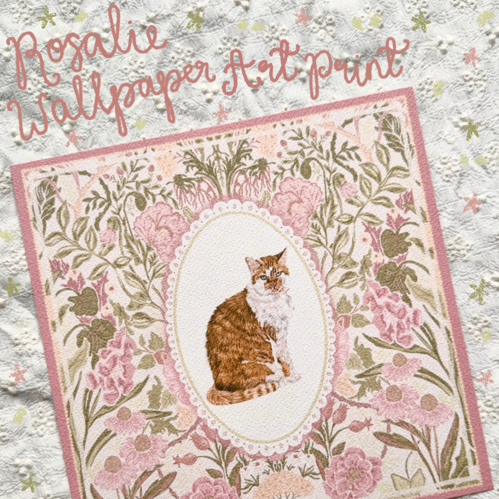 "Rosalie Wallpaper" Ginger & White Tabby Domestic Long-haired Cat Art Print