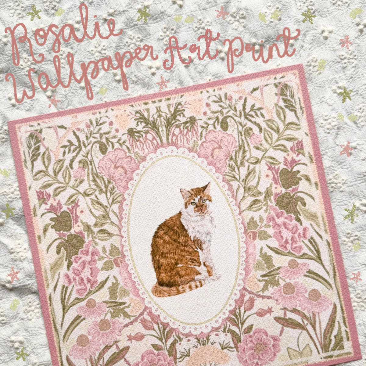 "Rosalie Wallpaper" Ginger & White Tabby Domestic Long-haired Cat Art Print