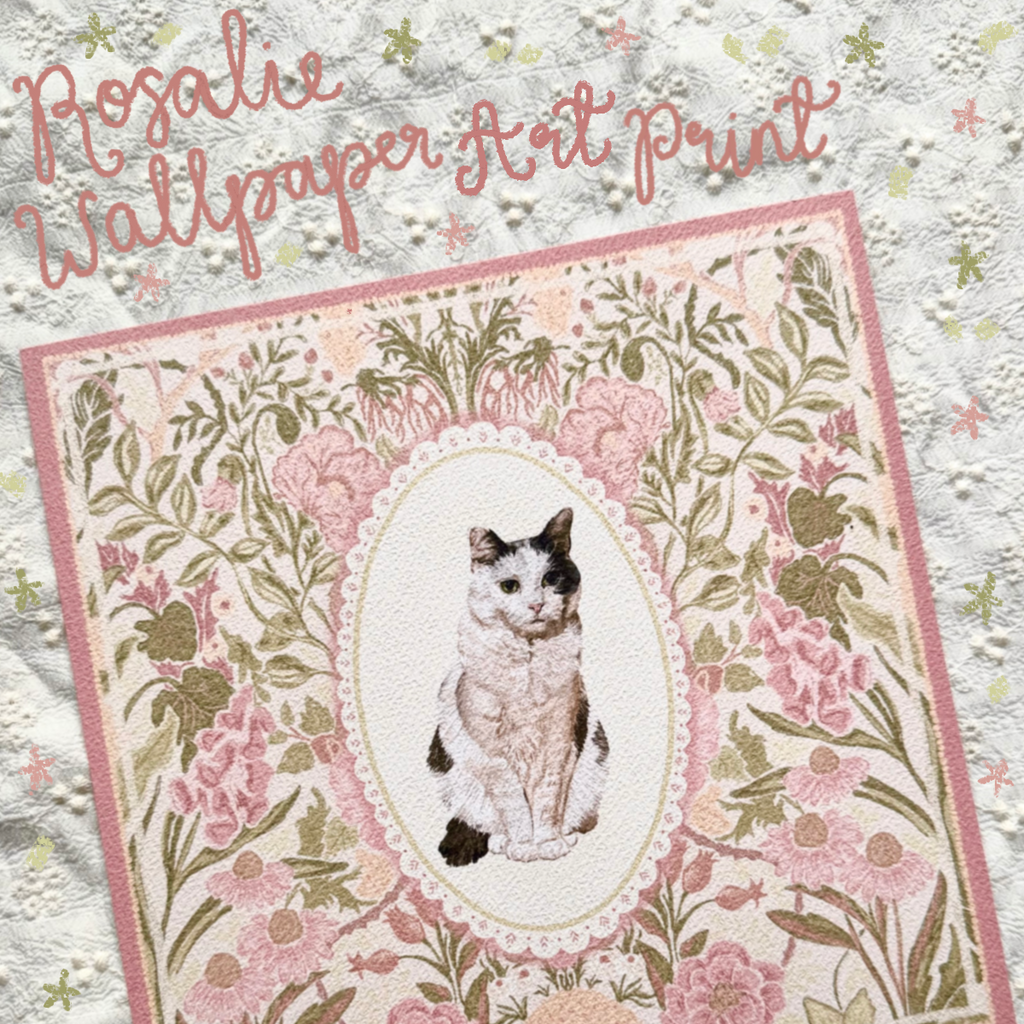 "Rosalie Wallpaper" Grey & White Bicolour Domestic Shorthair Cat Art Print