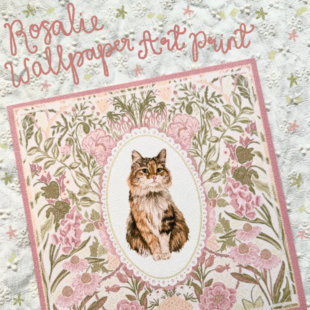 "Rosalie Wallpaper" Brown Tabby & White Domestic Long-Haired Cat Art Print