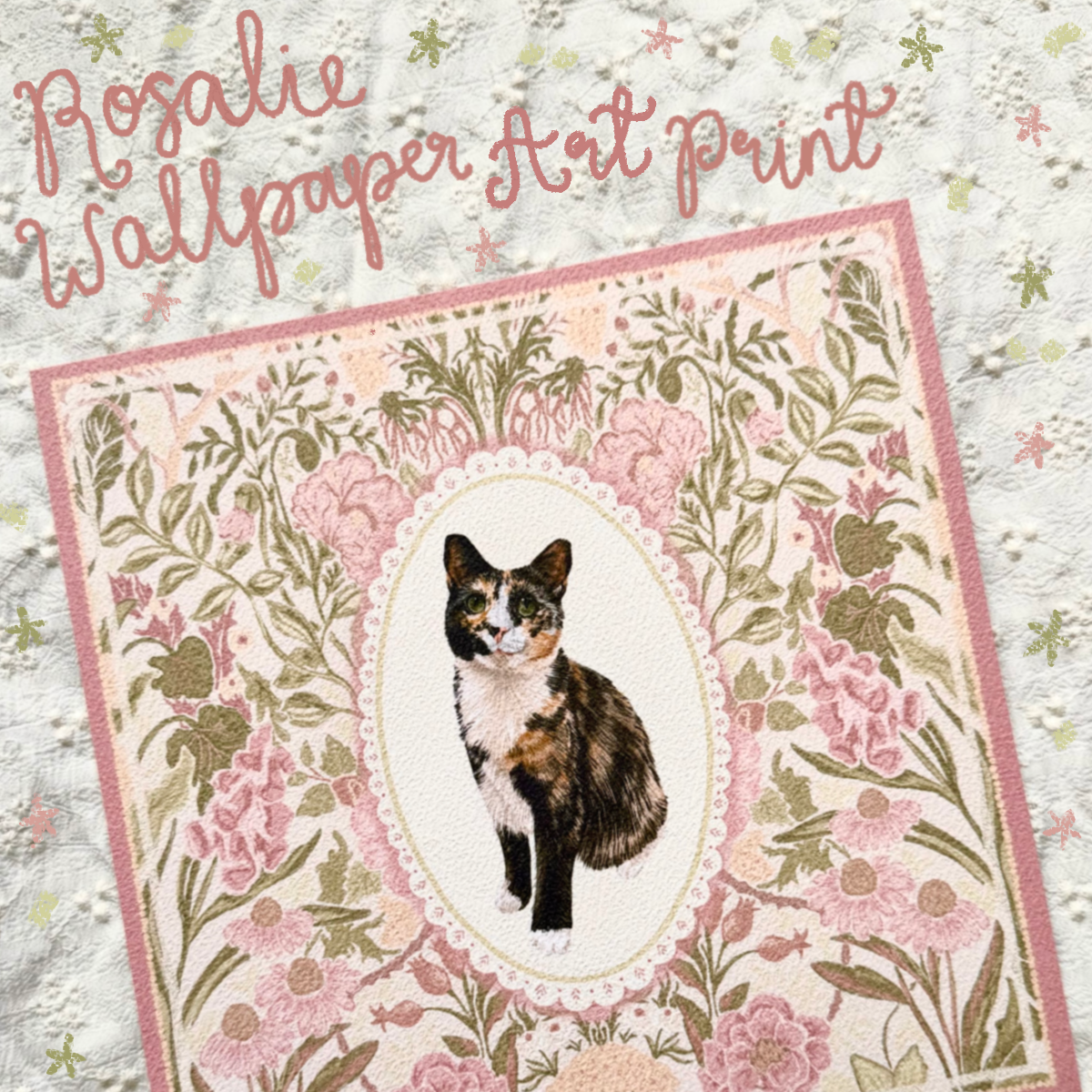 "Rosalie Wallpaper" Black, White & Orange Calico Domestic Shorthair Cat Art Print