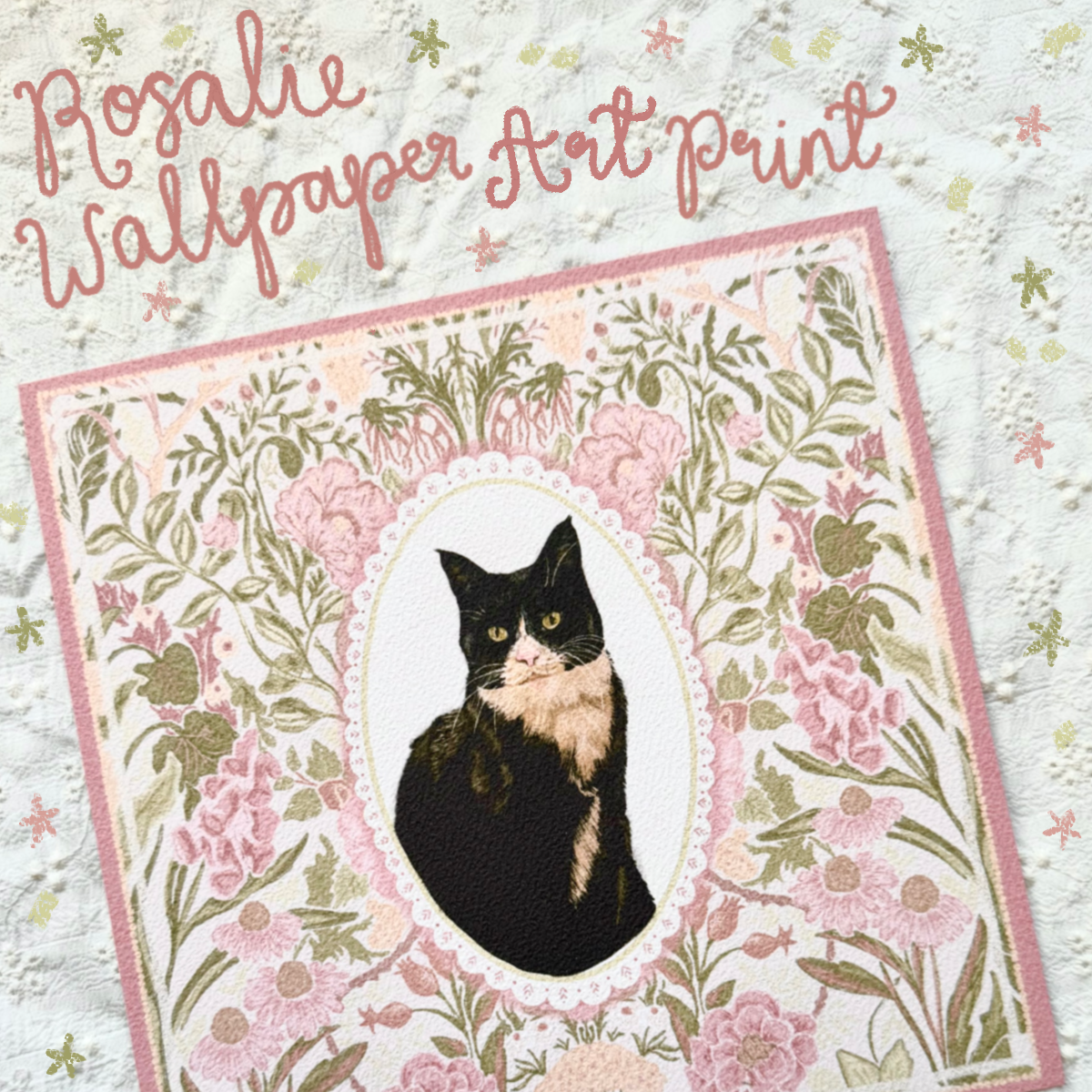 "Rosalie Wallpaper" Black & White Tuxedo Domestic Shorthair Cat Art Print