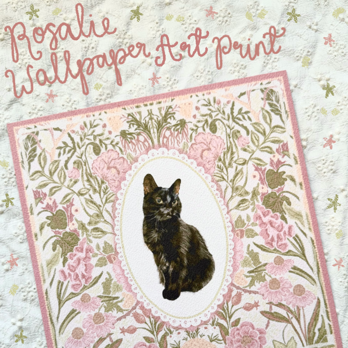"Rosalie Wallpaper" Black Domestic Shorthair Cat Art Print