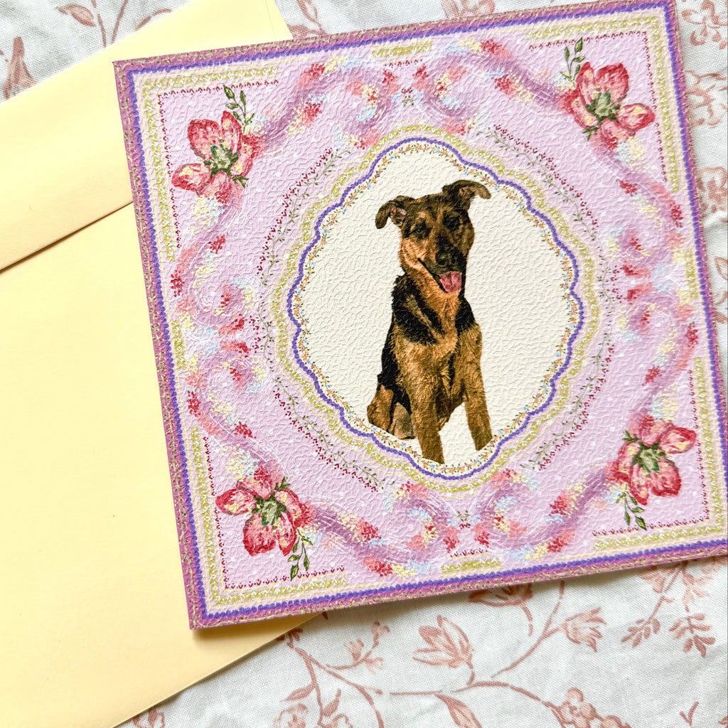 "Wisteria Petal Reverie" Black & Tan German Shepherd Mix Greeting Card
