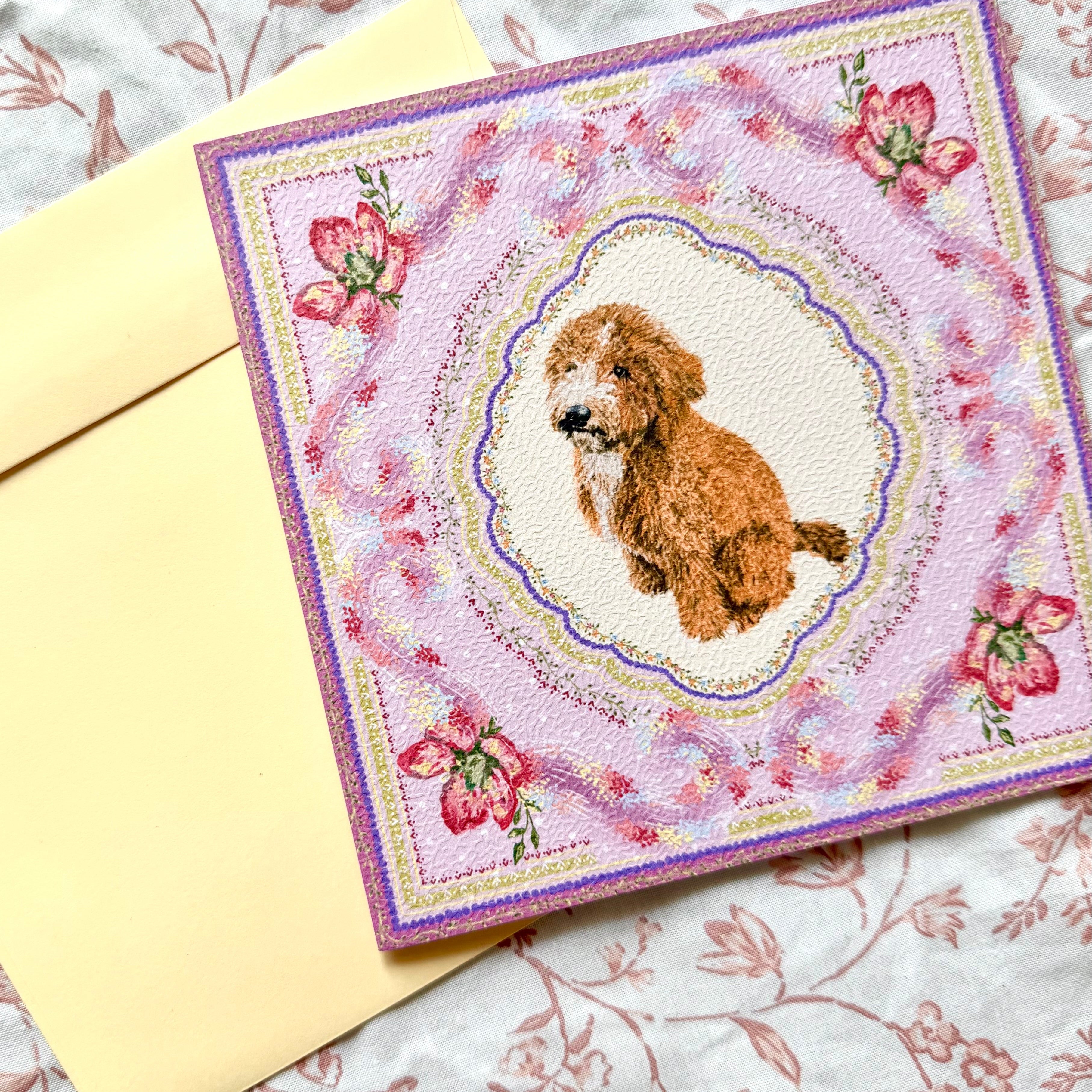 "Wisteria Petal Reverie" Apricot & White Goldendoodle Greeting Card