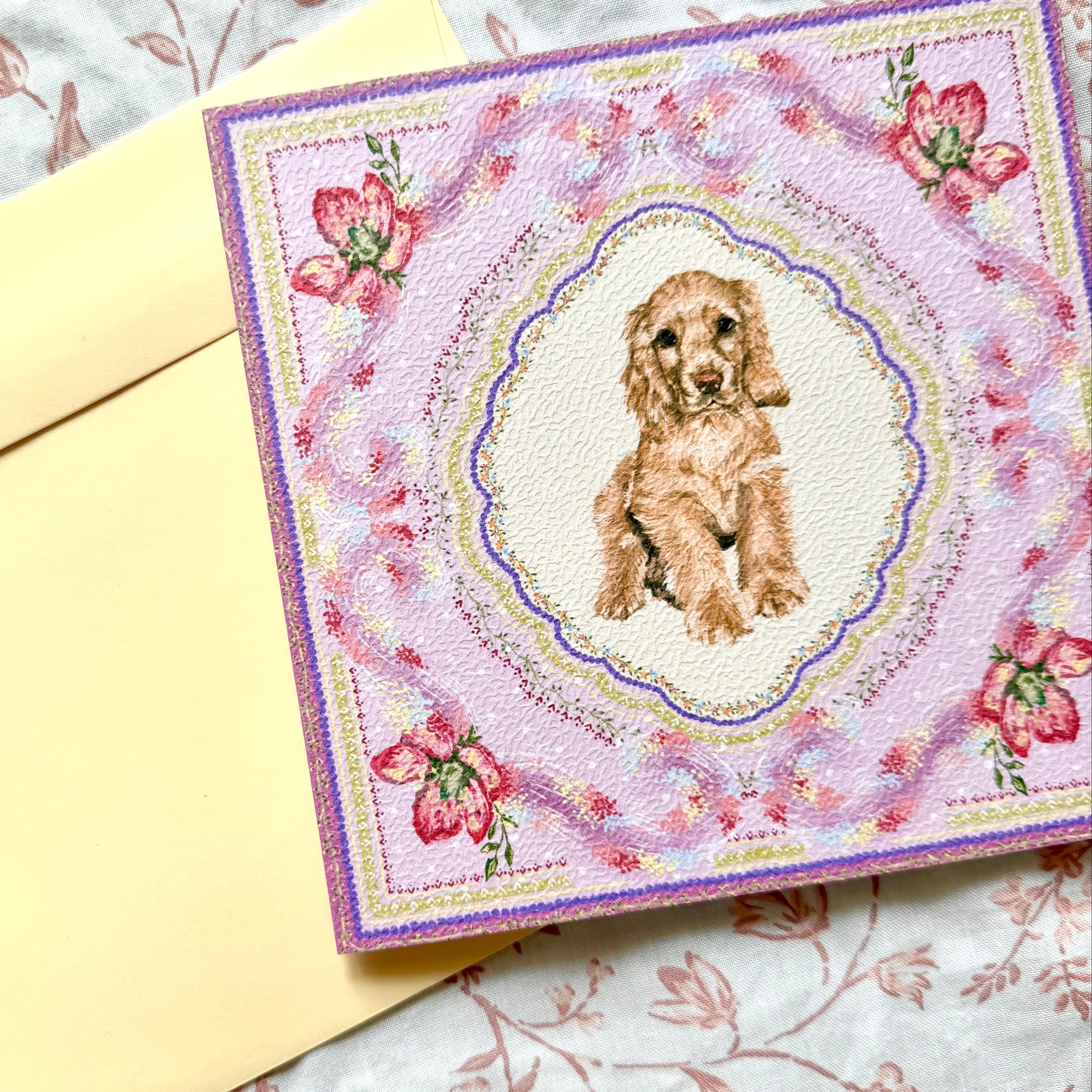 "Wisteria Petal Reverie" Golden English Cocker Spaniel Greeting Card