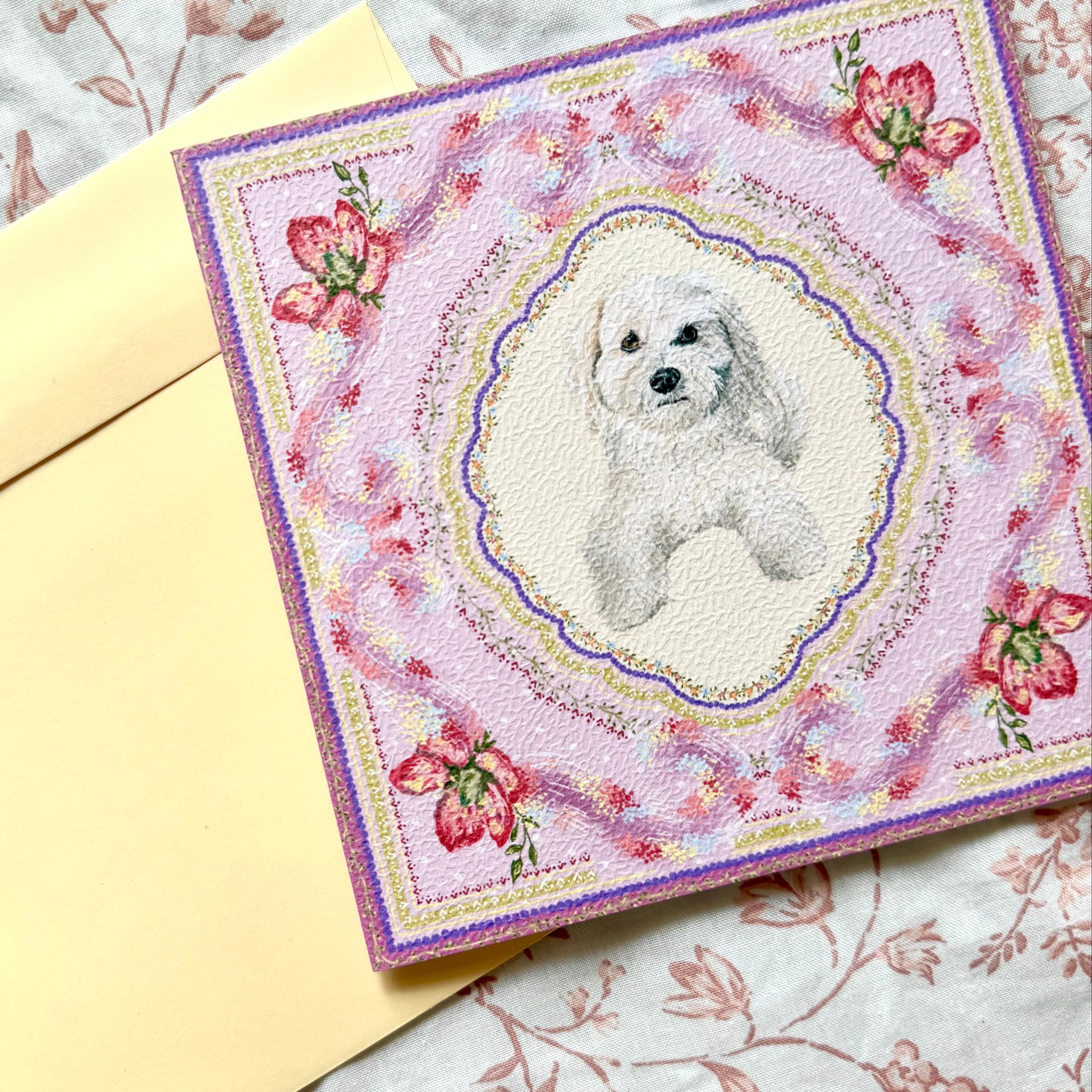 "Wisteria Petal Reverie" Cream Maltipoo (Maltese x Poodle Mix) Greeting Card