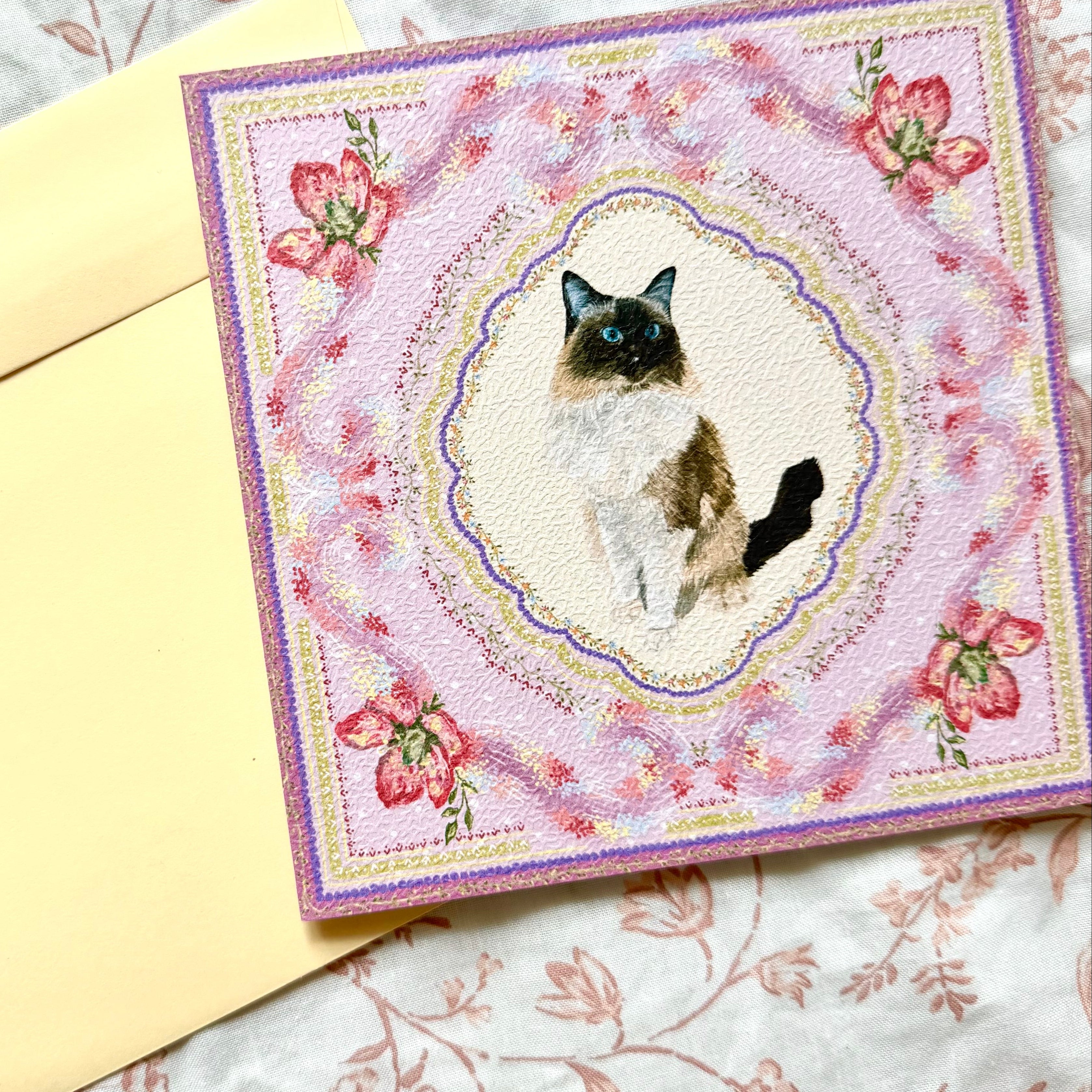 "Wisteria Petal Reverie" Seal Point Mitted Ragdoll Greeting Card