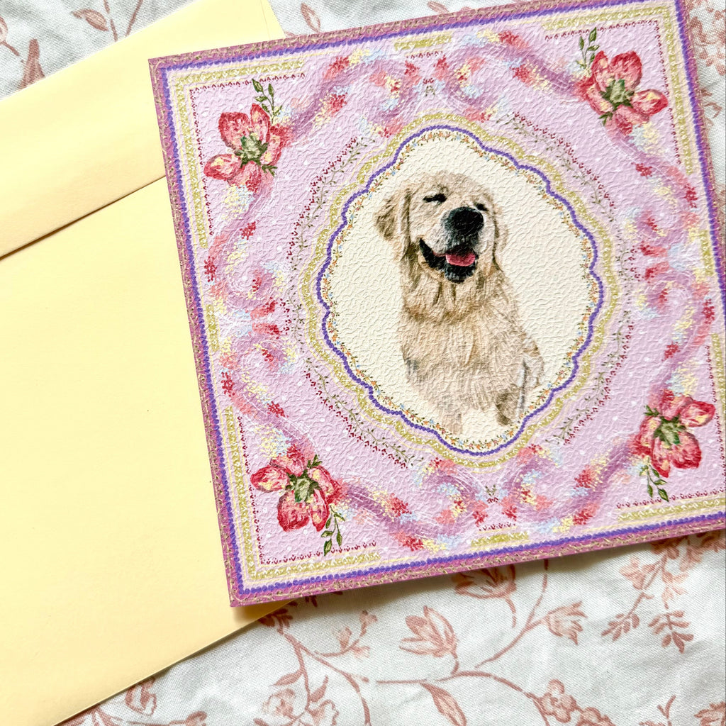 "Wisteria Petal Reverie" English Cream Golden Retriever Greeting Card