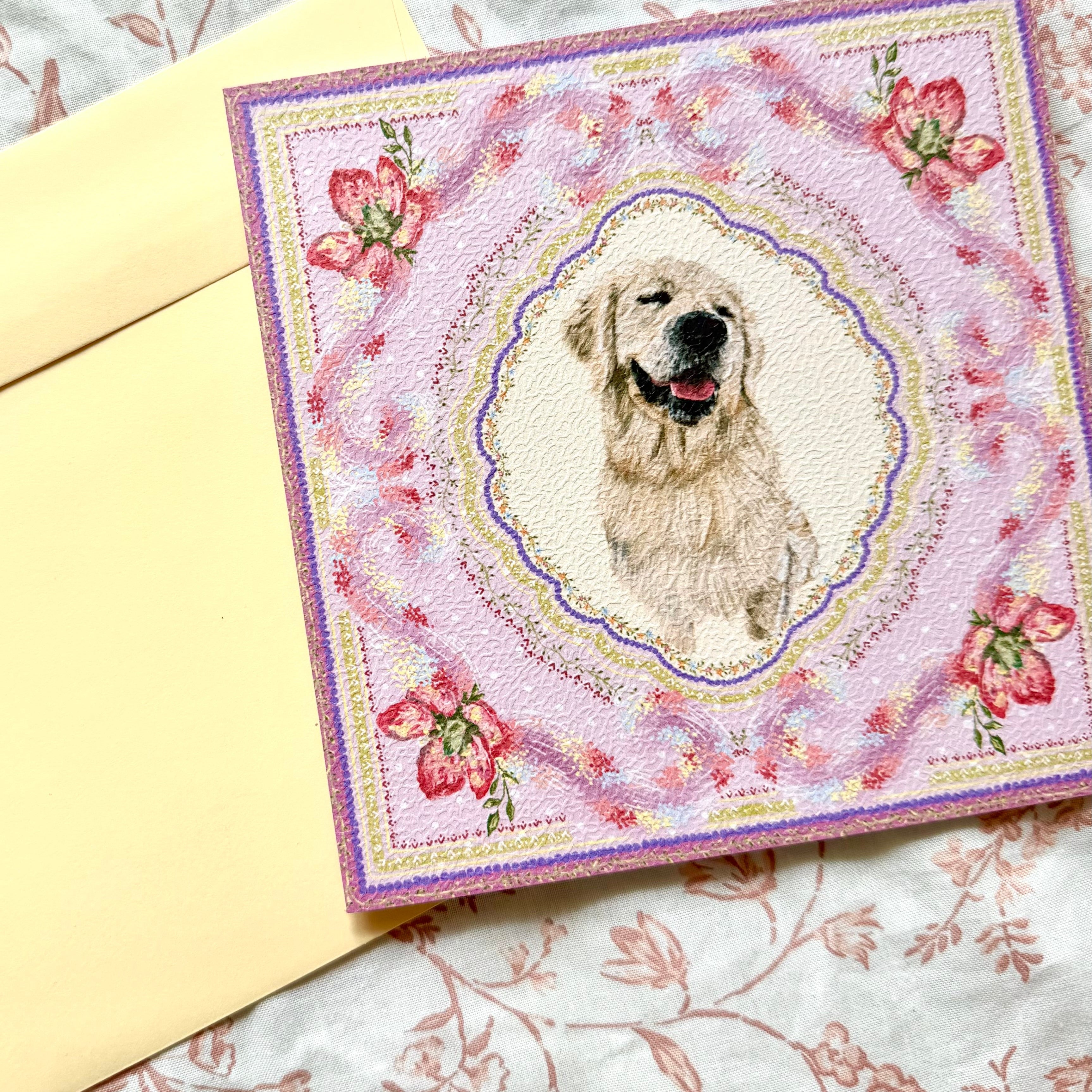 "Wisteria Petal Reverie" English Cream Golden Retriever Greeting Card