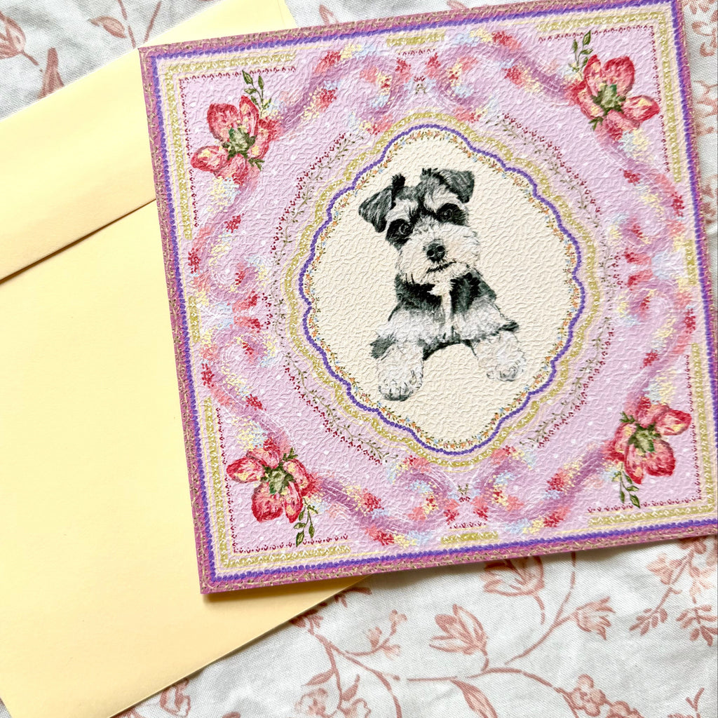 "Wisteria Petal Reverie" Miniature Salt & Pepper Schnauzer Greeting Card