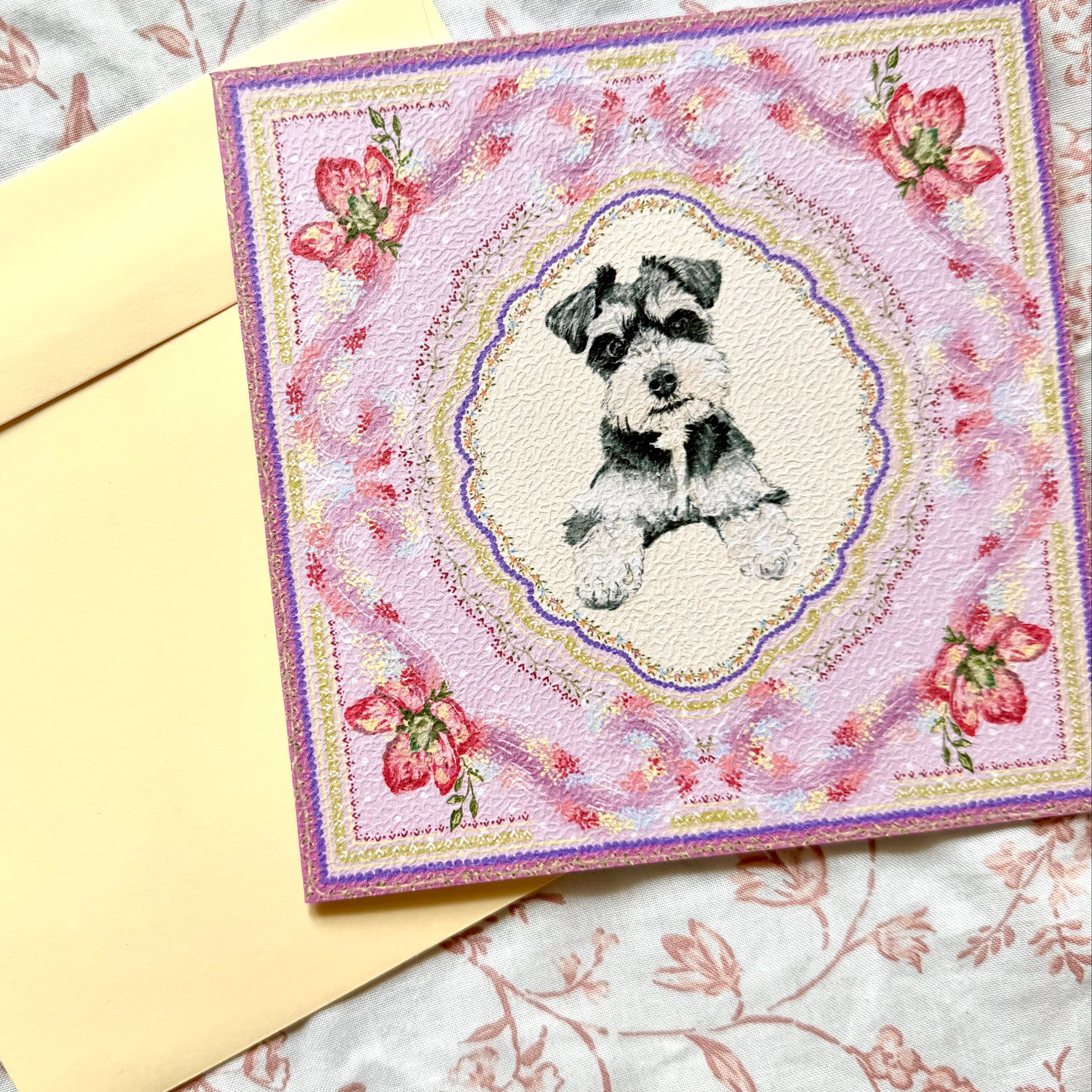 "Wisteria Petal Reverie" Miniature Salt & Pepper Schnauzer Greeting Card
