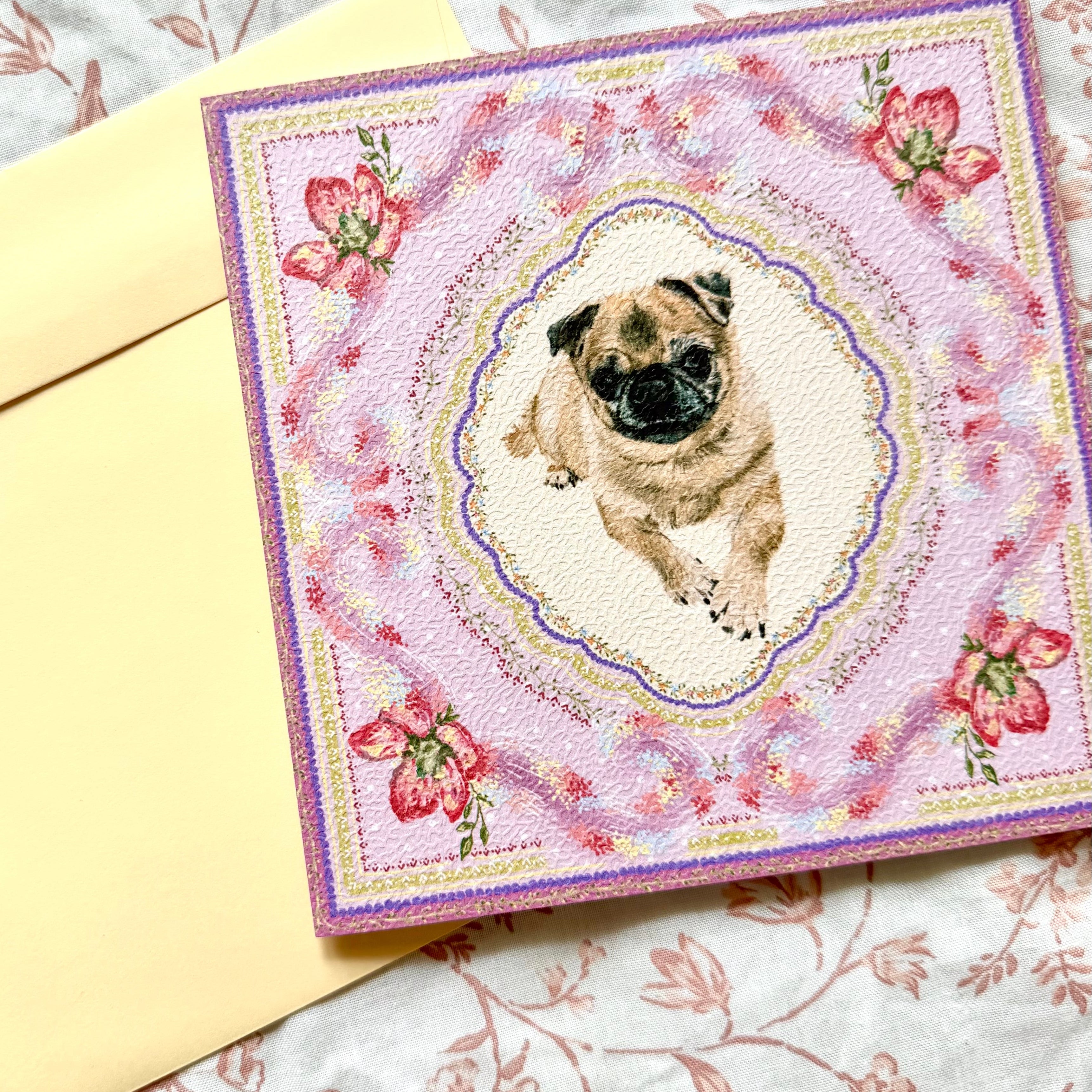 "Wisteria Petal Reverie" Fawn Pug Greeting Card