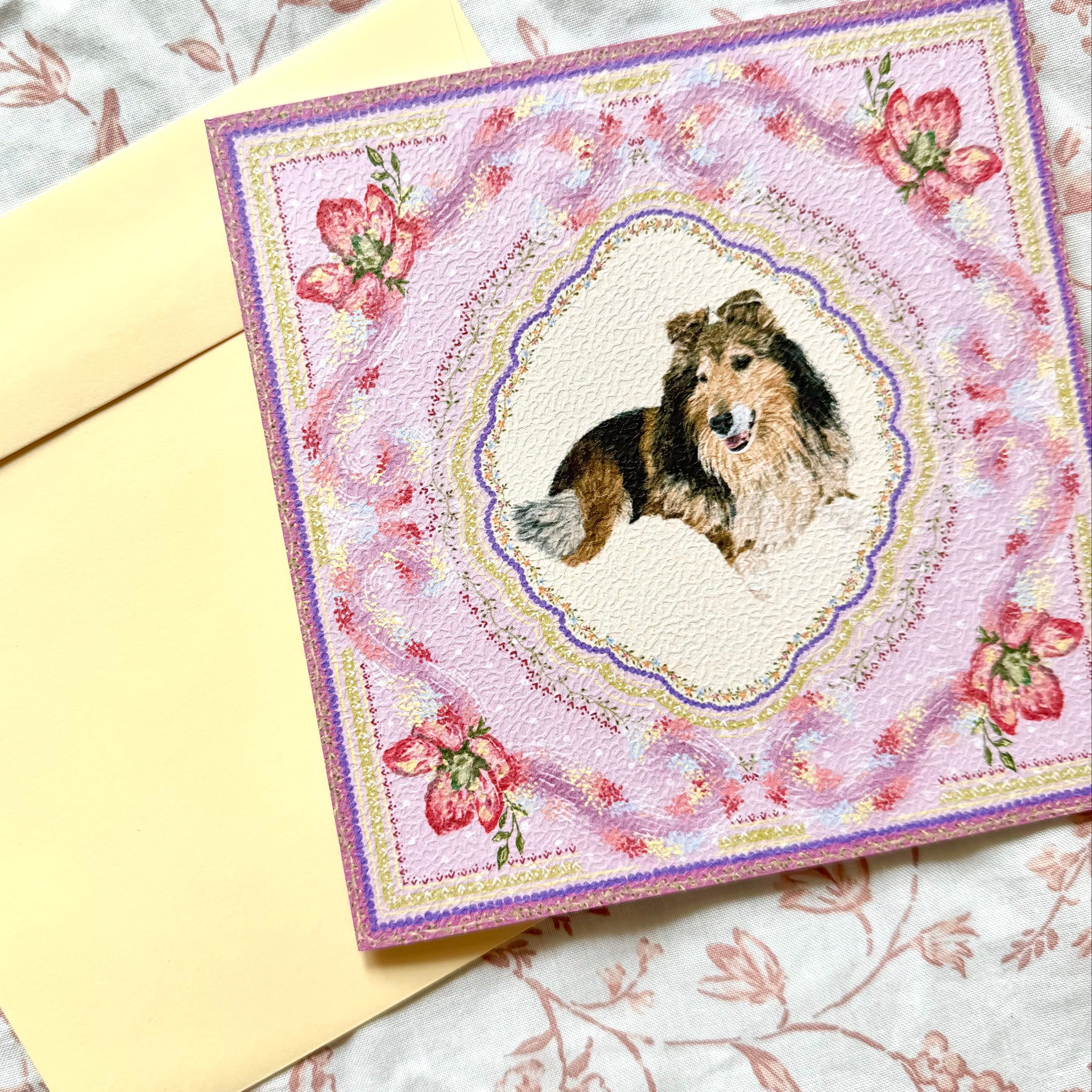 "Wisteria Petal Reverie" Sable & White Rough Collie Greeting Card