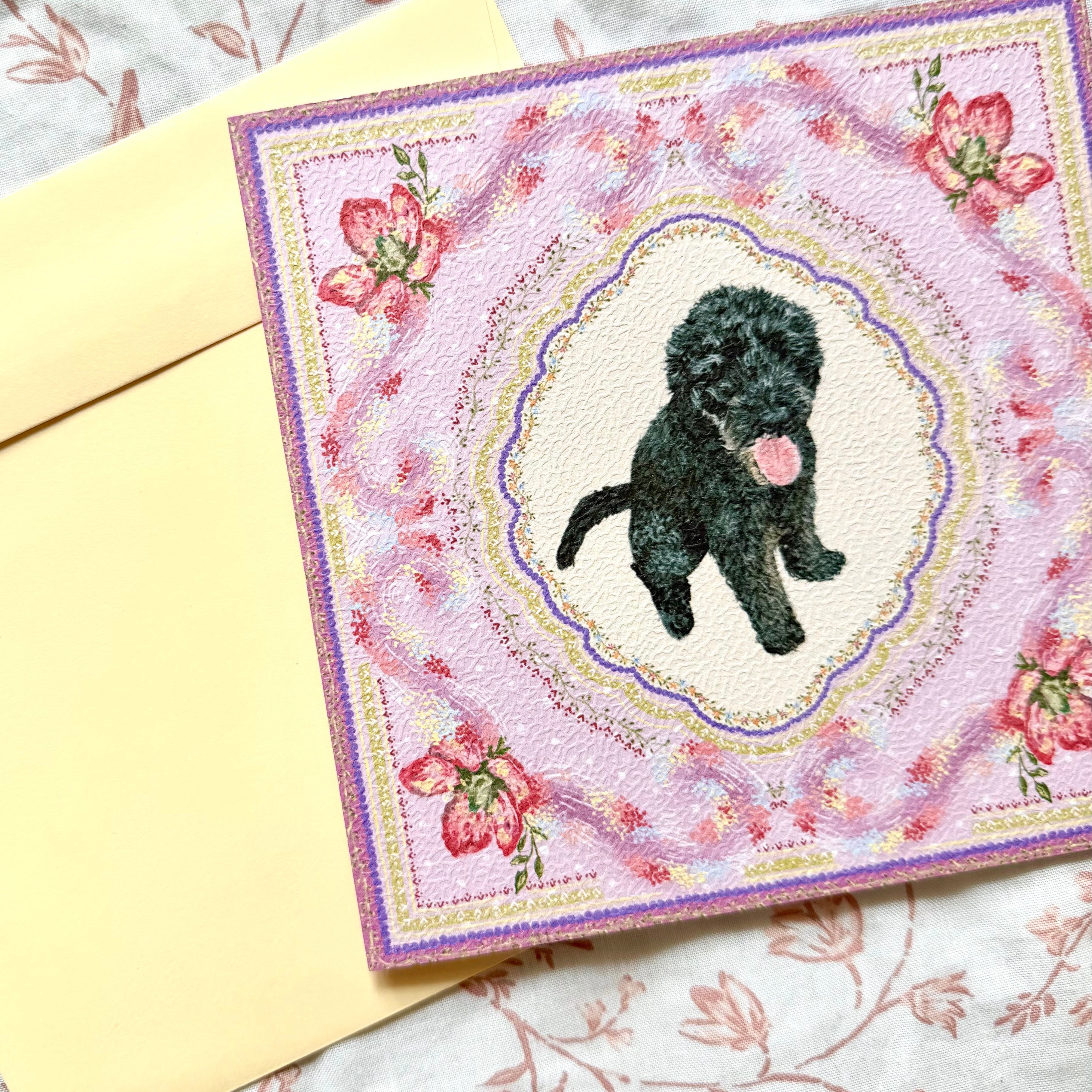 "Wisteria Petal Reverie" Black Labradoodle Greeting Card