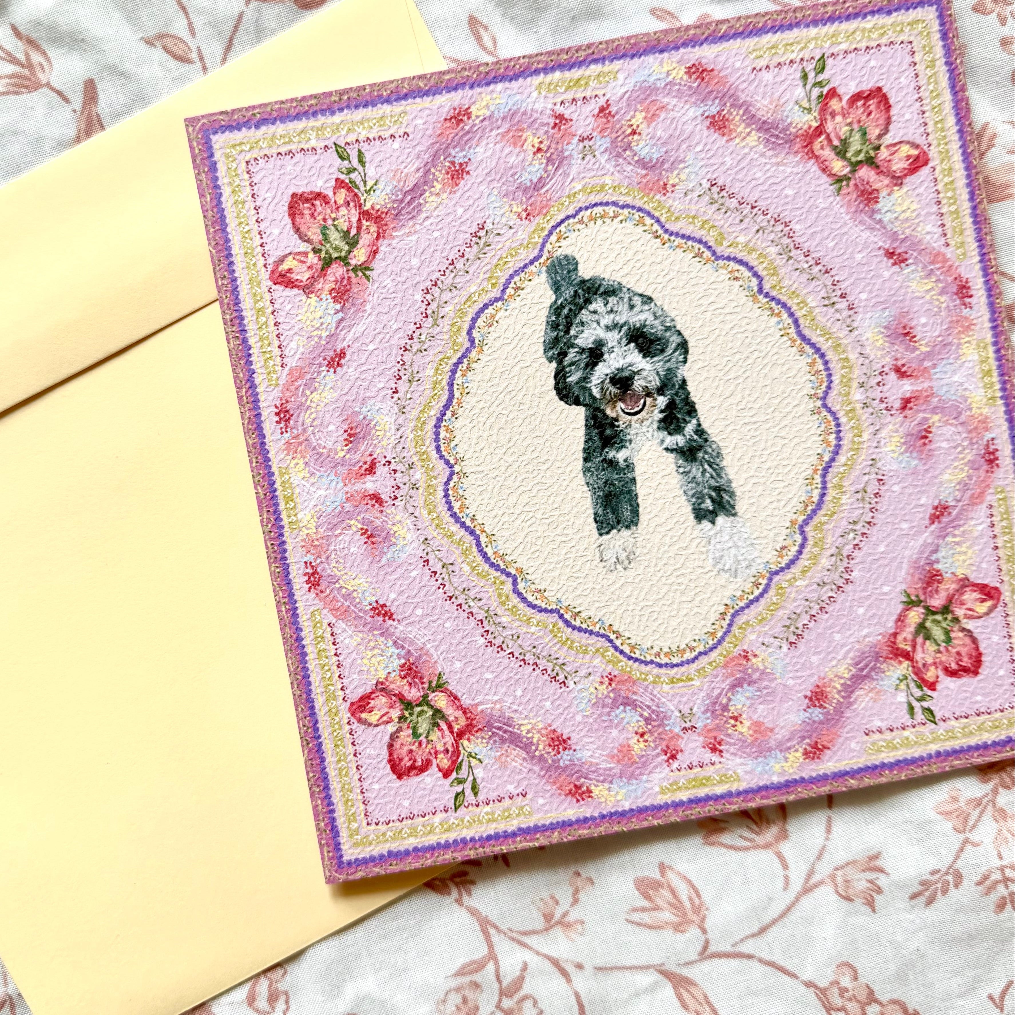 "Wisteria Petal Reverie"Blue Merle Cockapoo Greeting Card