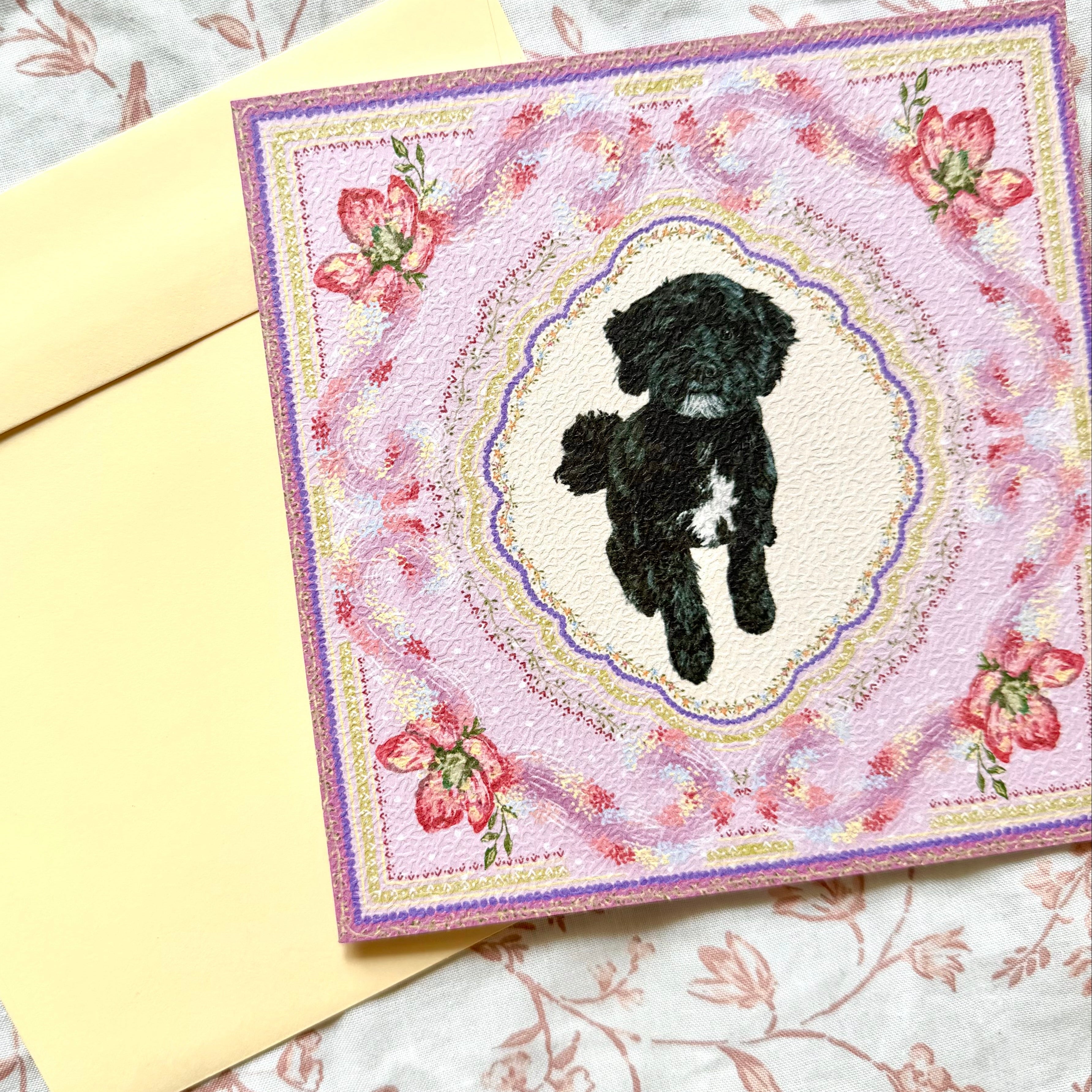 "Wisteria Petal Reverie" Black & White Shih-Poo (Shih Tzu x Poodle Mix) Greeting Card