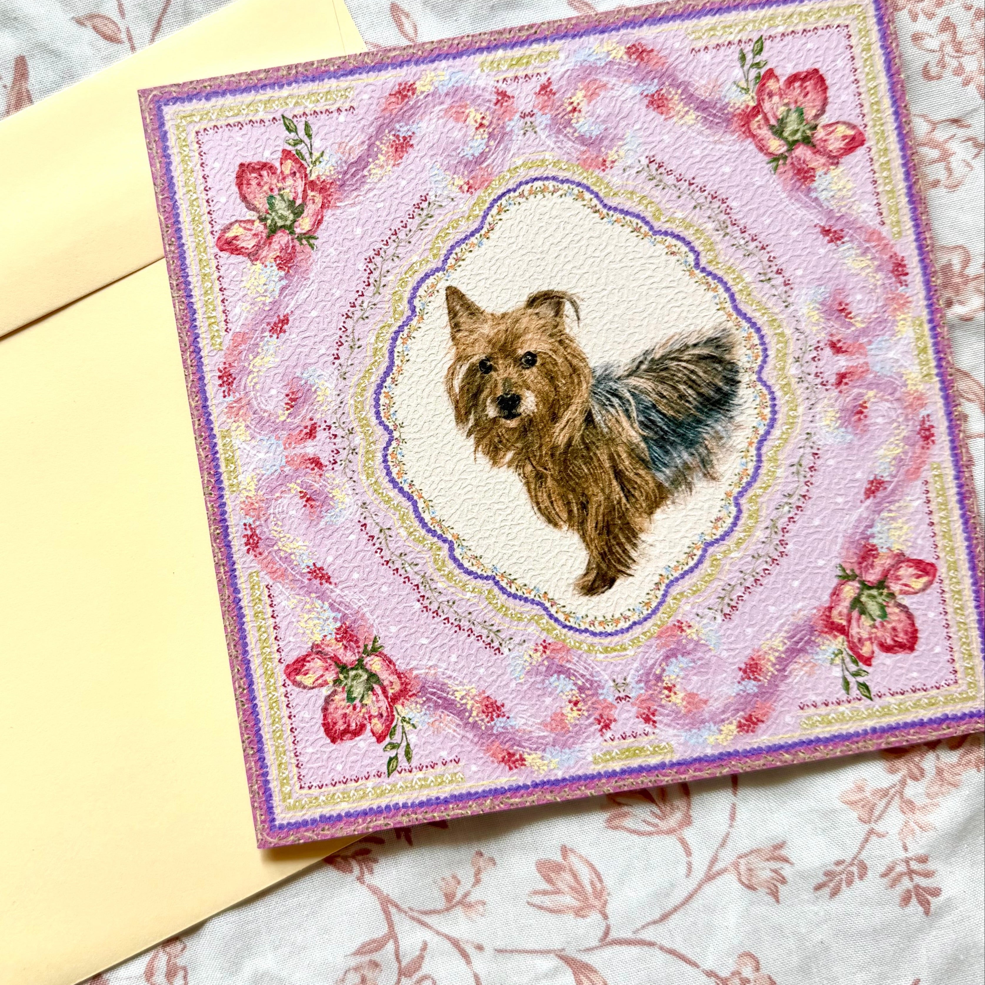 "Wisteria Petal Reverie" Blue & Tan Yorkshire Terrier Greeting Card