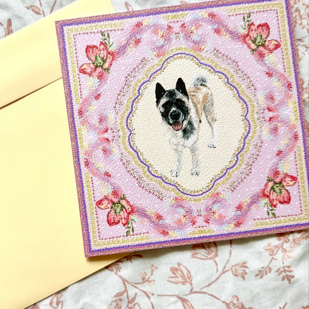 "Wisteria Petal Reverie" Silver & White (with Black Mask) American Akita Greeting Card